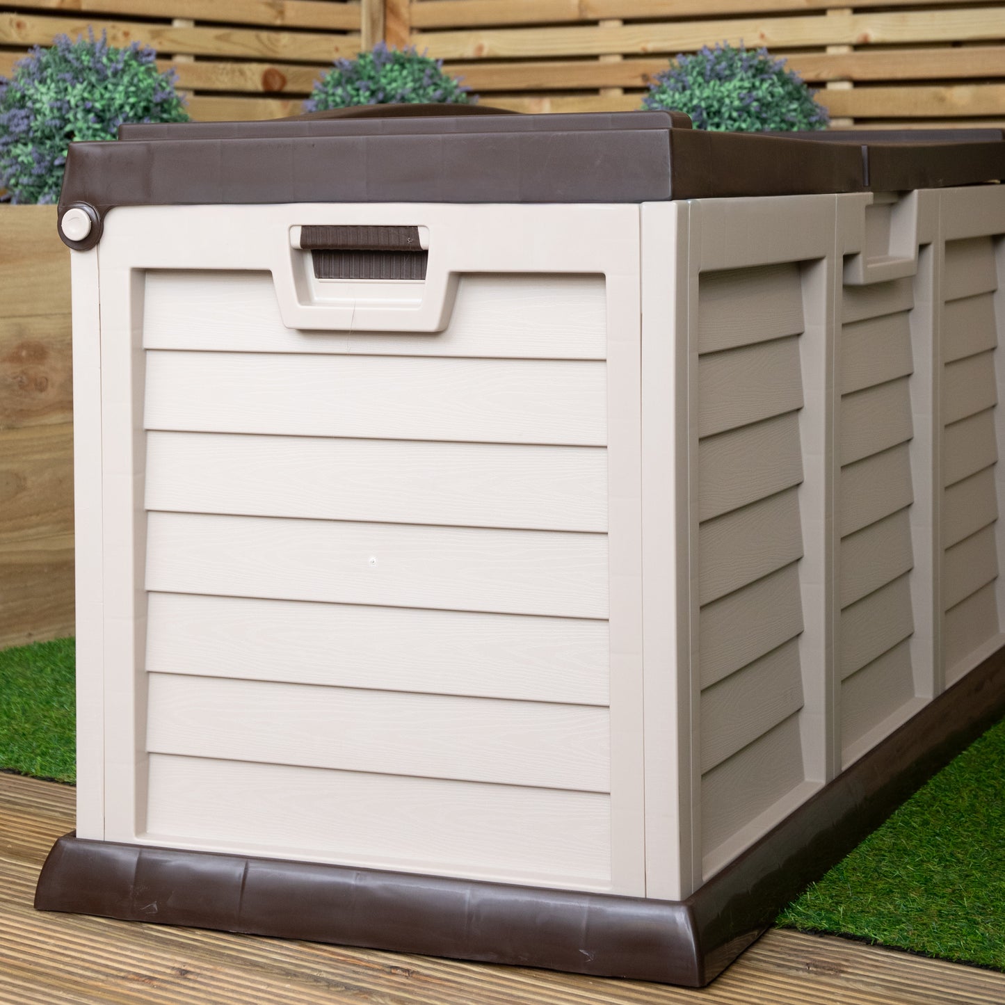 440L Heavy Duty Garden Patio Storage Box with Lockable Sit on Lid in Brown