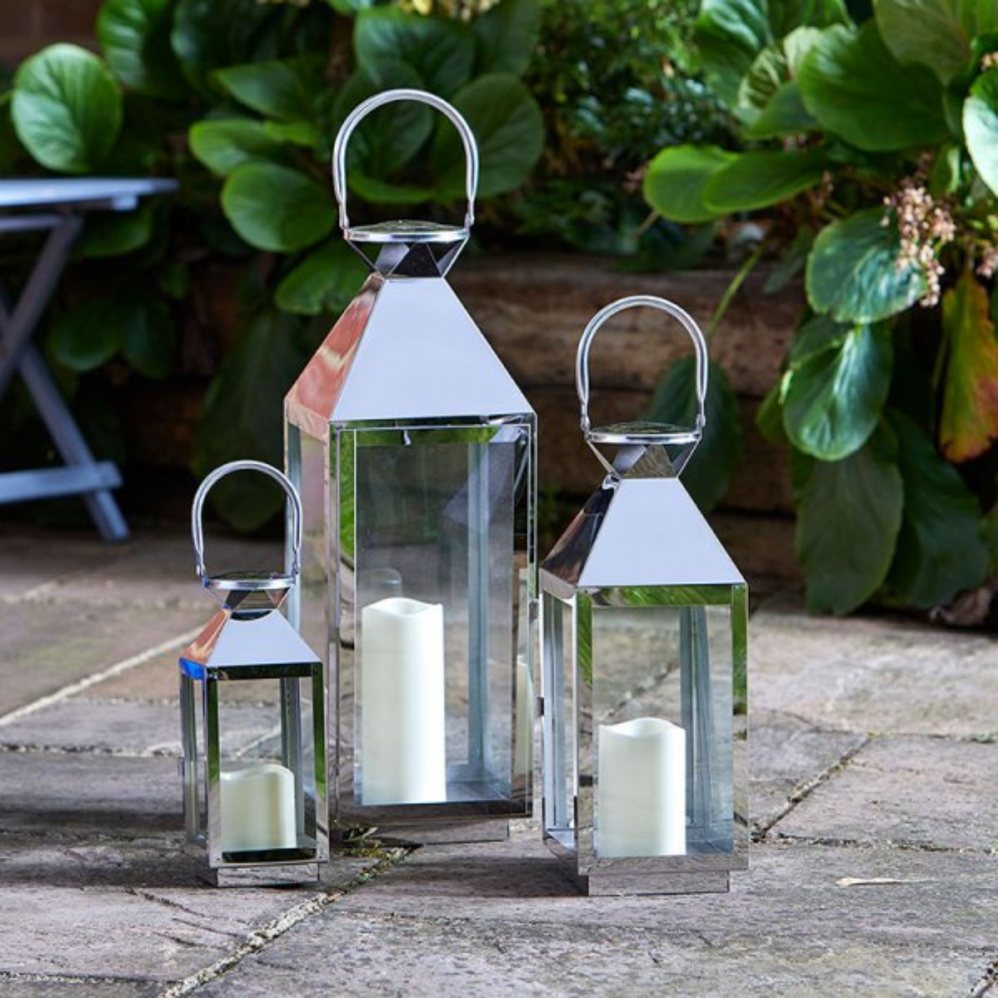 Set of 3 Large Indoor Outdoor Stockholm Stainless Steel Lantern Trio