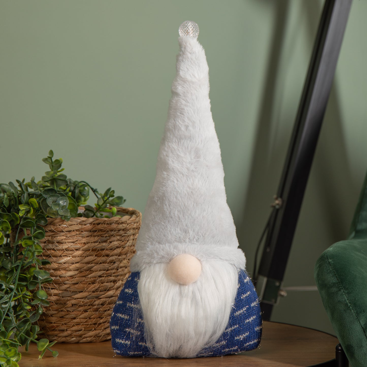 35cm Festive Christmas Sitting Light Up Lit Gonk with Grey Hat and Blue Body