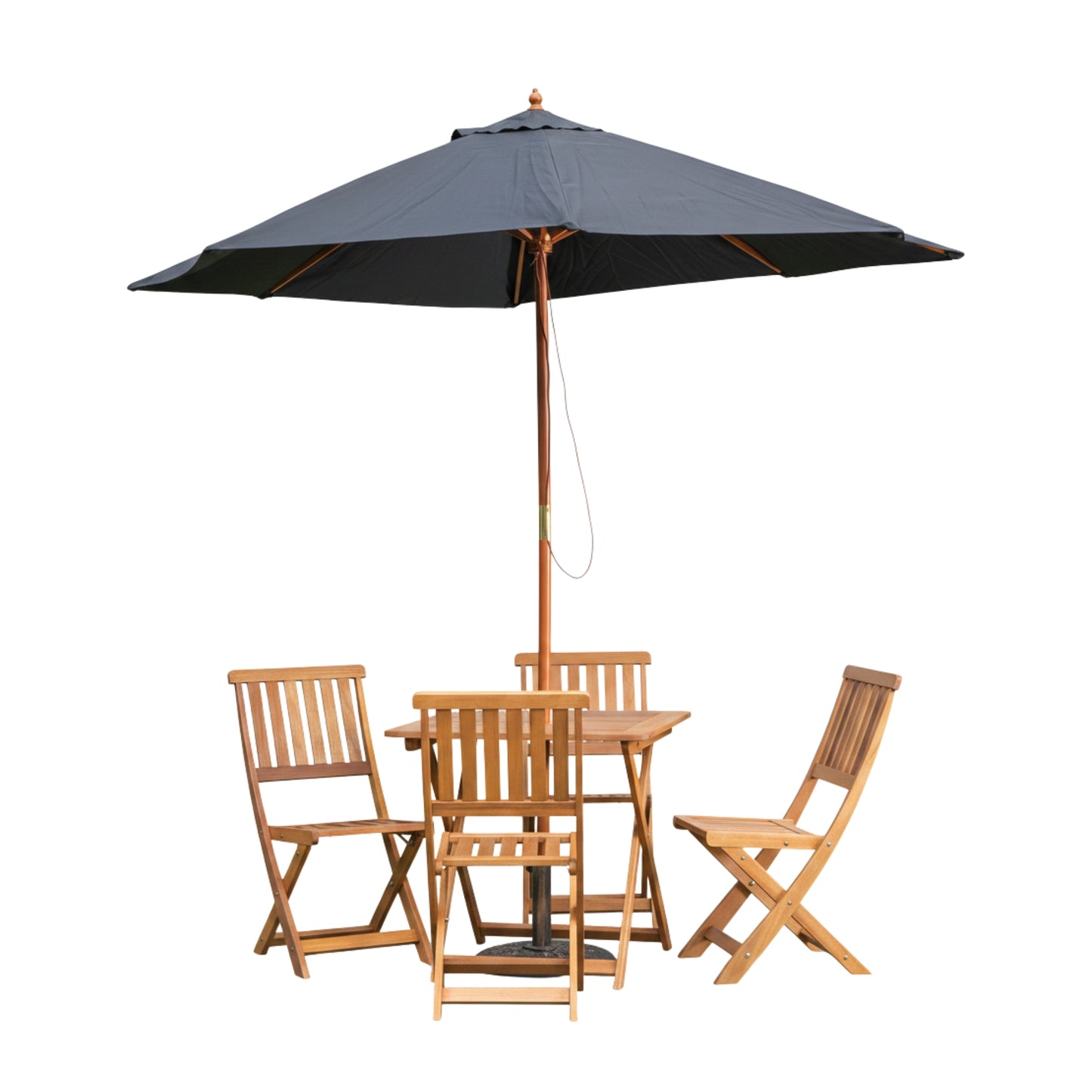 Outdoor 4 Person Folding Square Wooden Garden Dining Table Chairs Black Parasol and Base Set