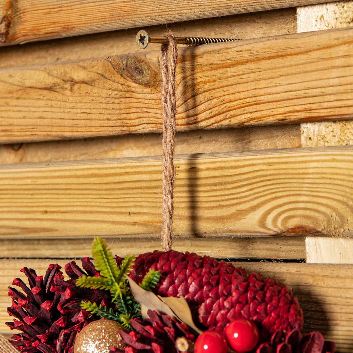 30cm Red Rose Hanging Christmas Wreath with Pinecones & Red Berries