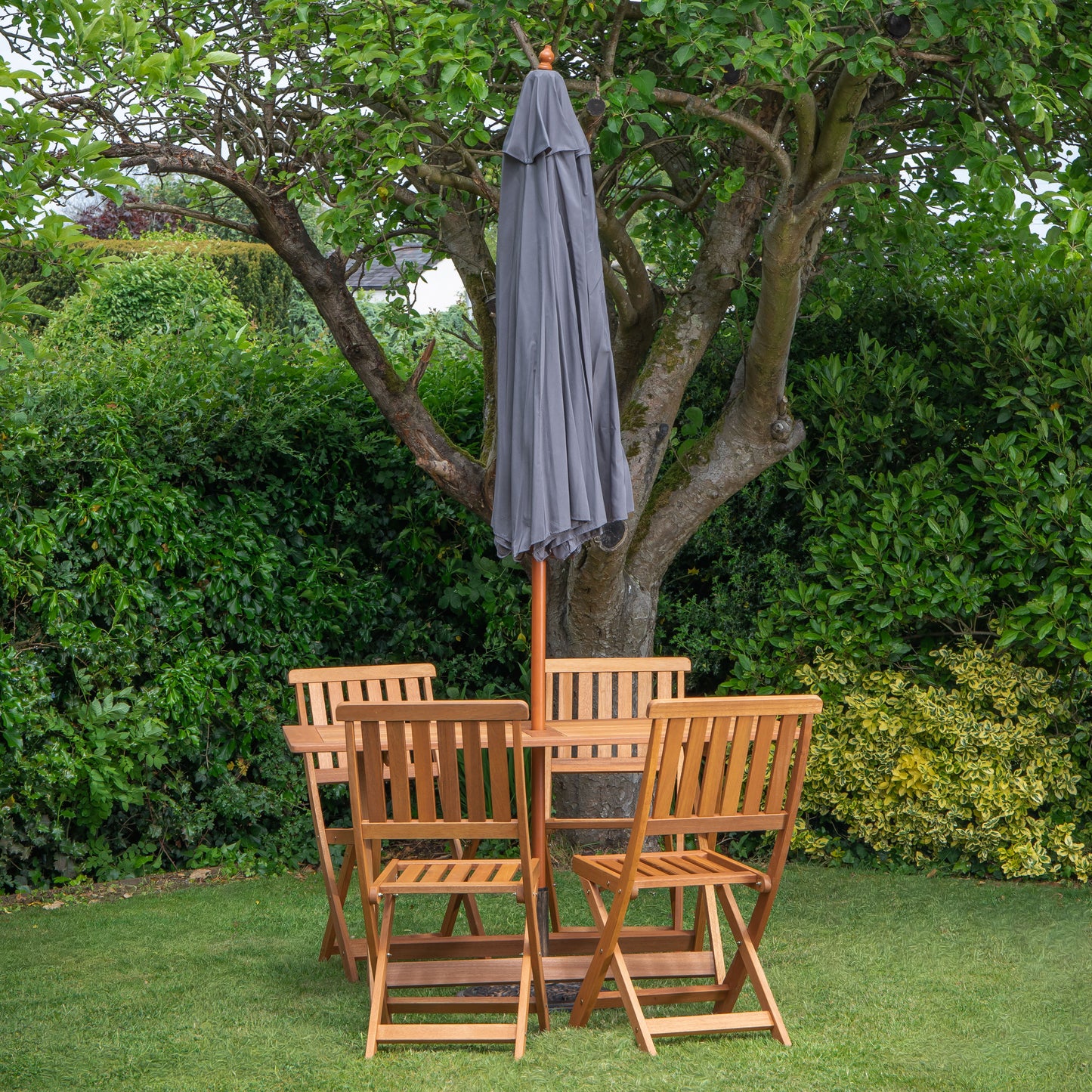 Outdoor 4 Person Folding Rectangular Wooden Garden Dining Table Chairs Grey Parasol and Base Set