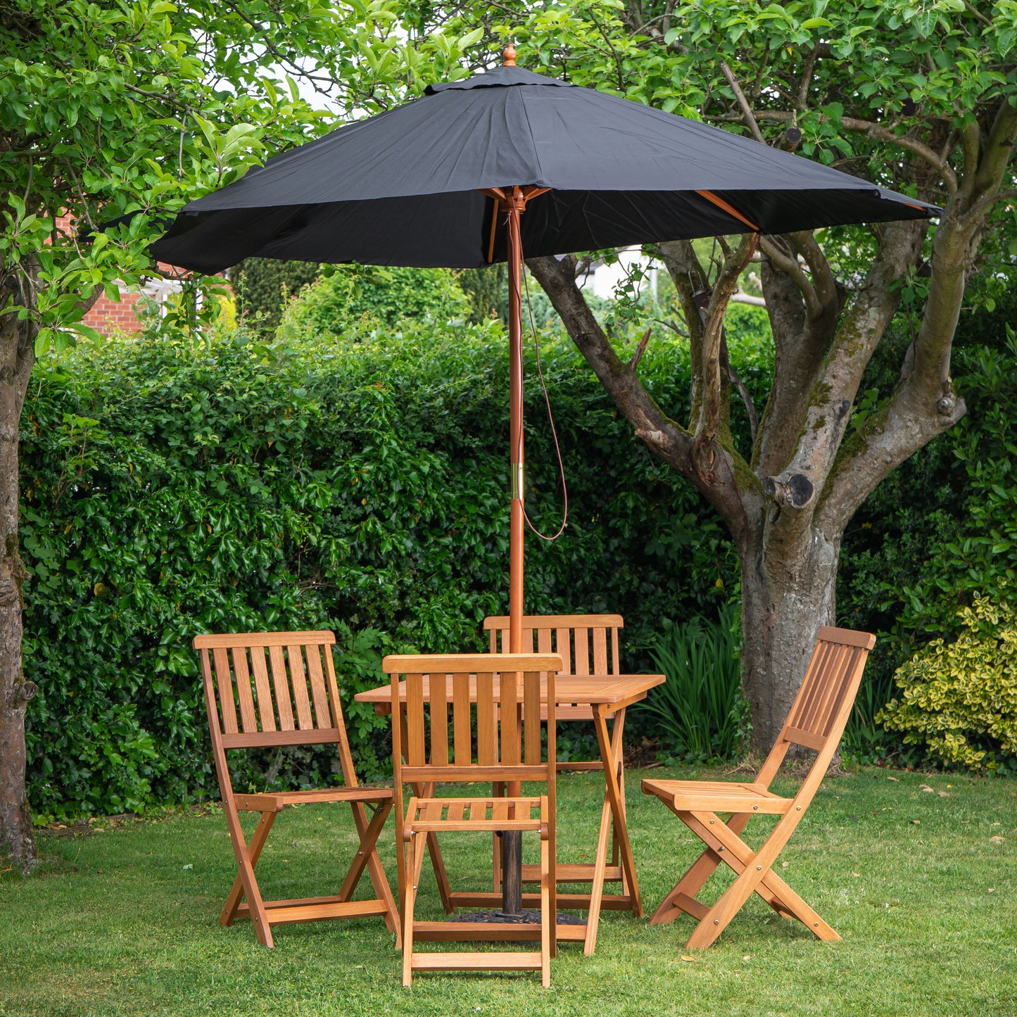 Outdoor 4 Person Folding Square Wooden Garden Dining Table Chairs Black Parasol and Base Set