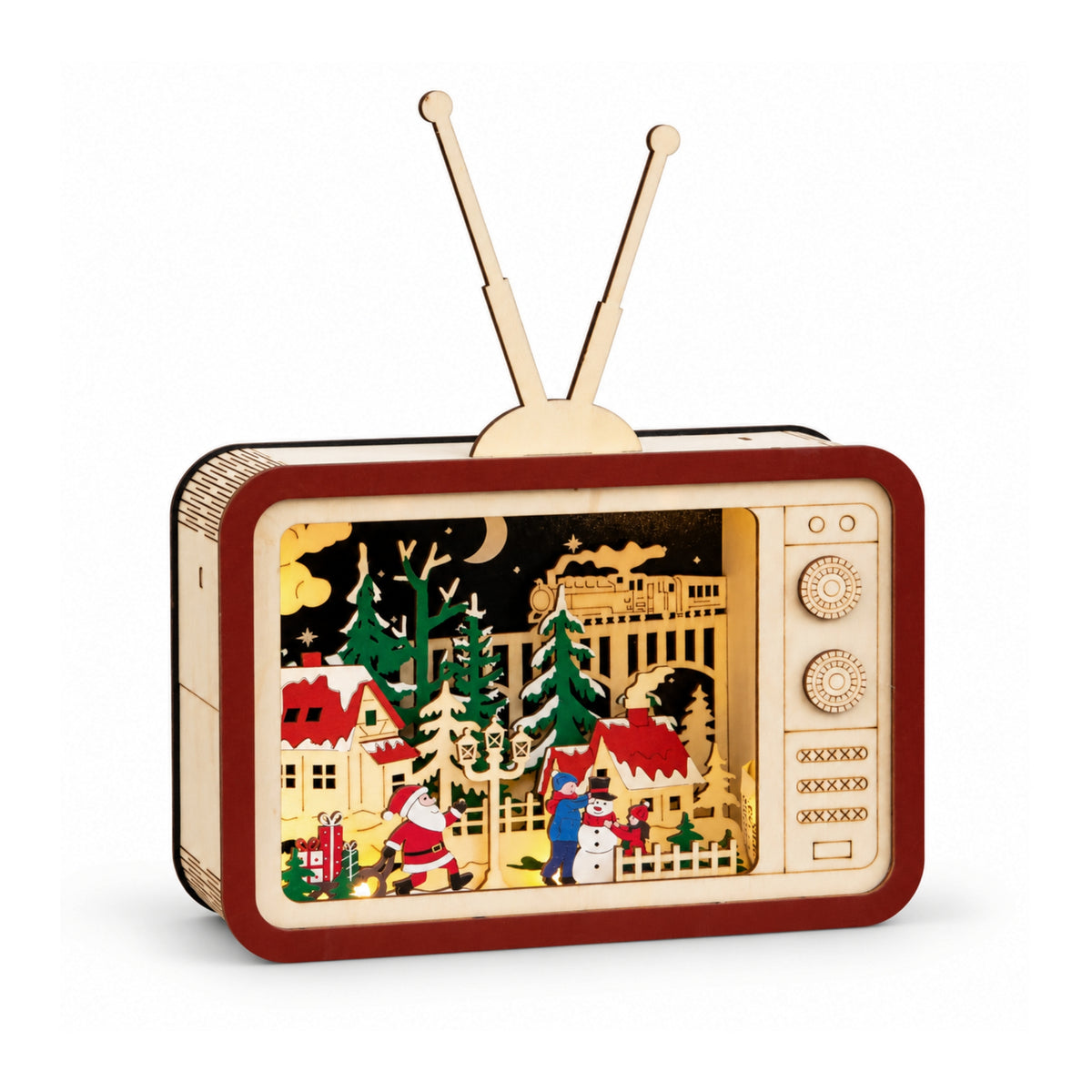 33cm Santa’s Tele Town Light Up Wooden Christmas Village Scene