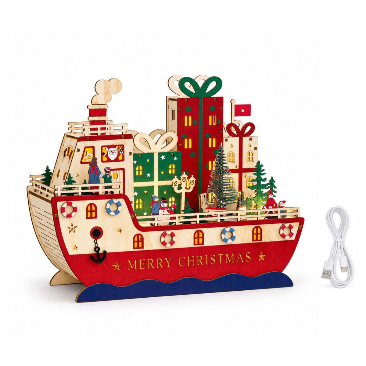 30cm Light Up S.S. Noel Wooden Christmas Boat Decoration with LEDs