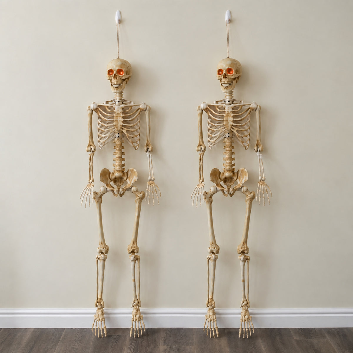 Pack of 2 5ft (150cm) Posable Full Body Halloween LED Skeleton Decoration with Movable Joints and LED Eyes