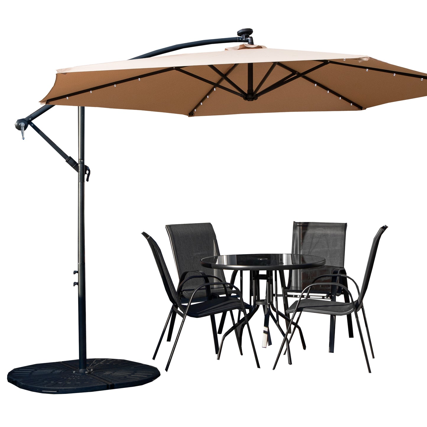 Outdoor 4 Person Round Glass Top Garden Dining Table Chairs With Beige Banana Lit Parasol and Base