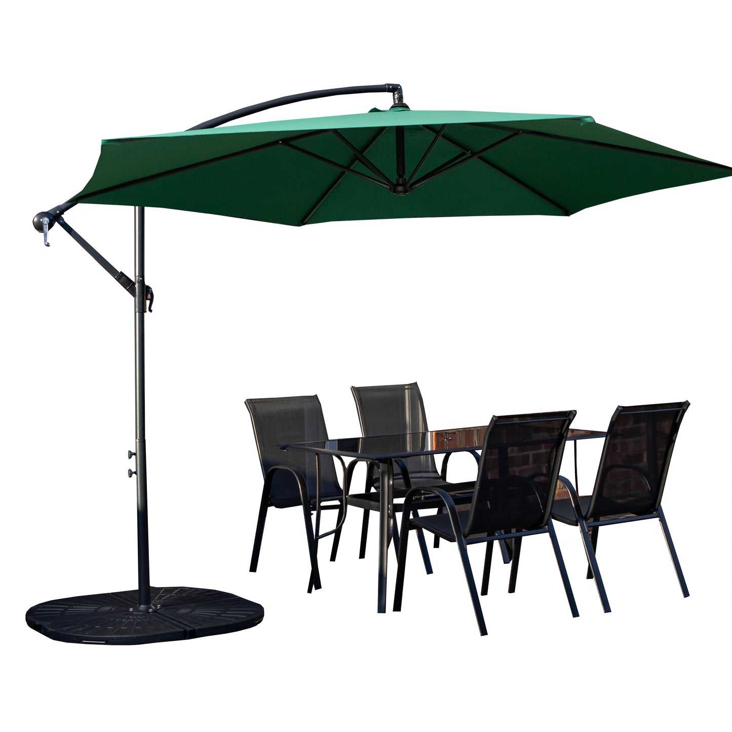 Outdoor 4 Person Rectangular Glass Top Garden Dining Table Chairs With Green Banana Parasol and Base