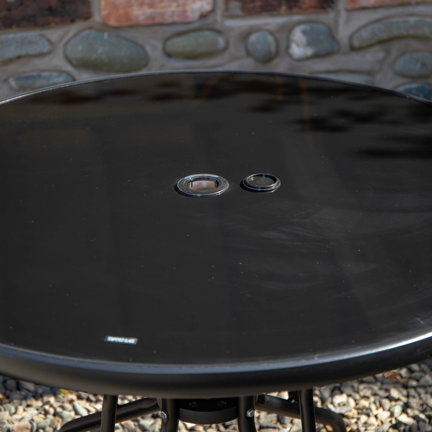 4 Person Round Black Garden Table with Glass Top & Parasol Hole