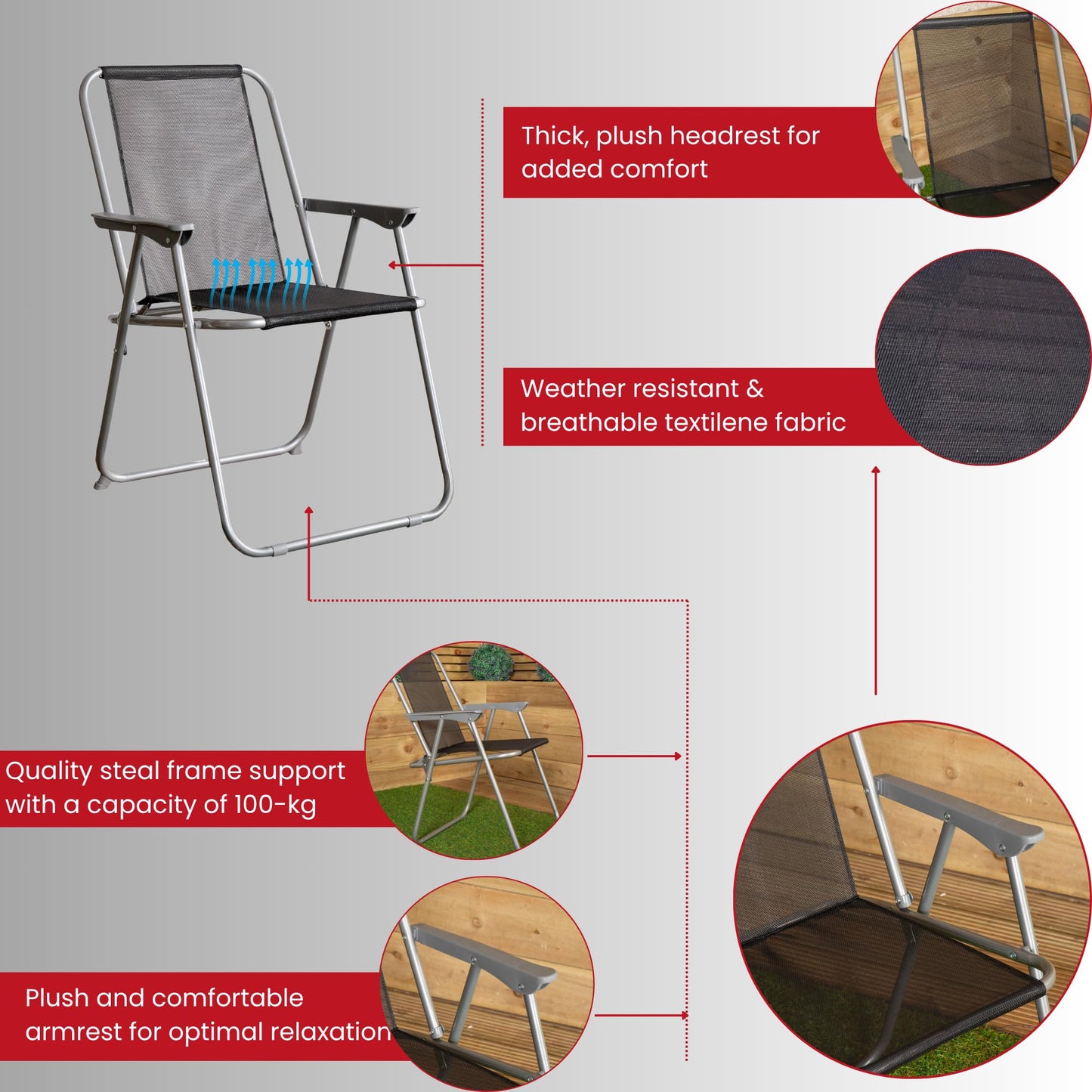 Factory Seconds: 2 x Foldable Garden Chairs Fixed position garden chairs with grey frame and black fabric