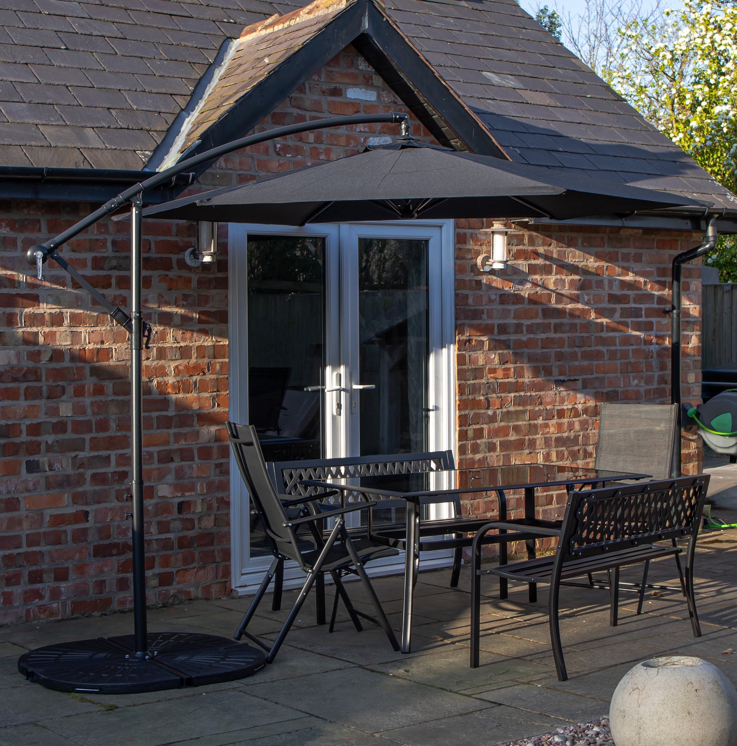 Outdoor 6 Person Rectangular Glass Top Garden Dining Table Benches & Chairs With Black Banana Parasol and Base