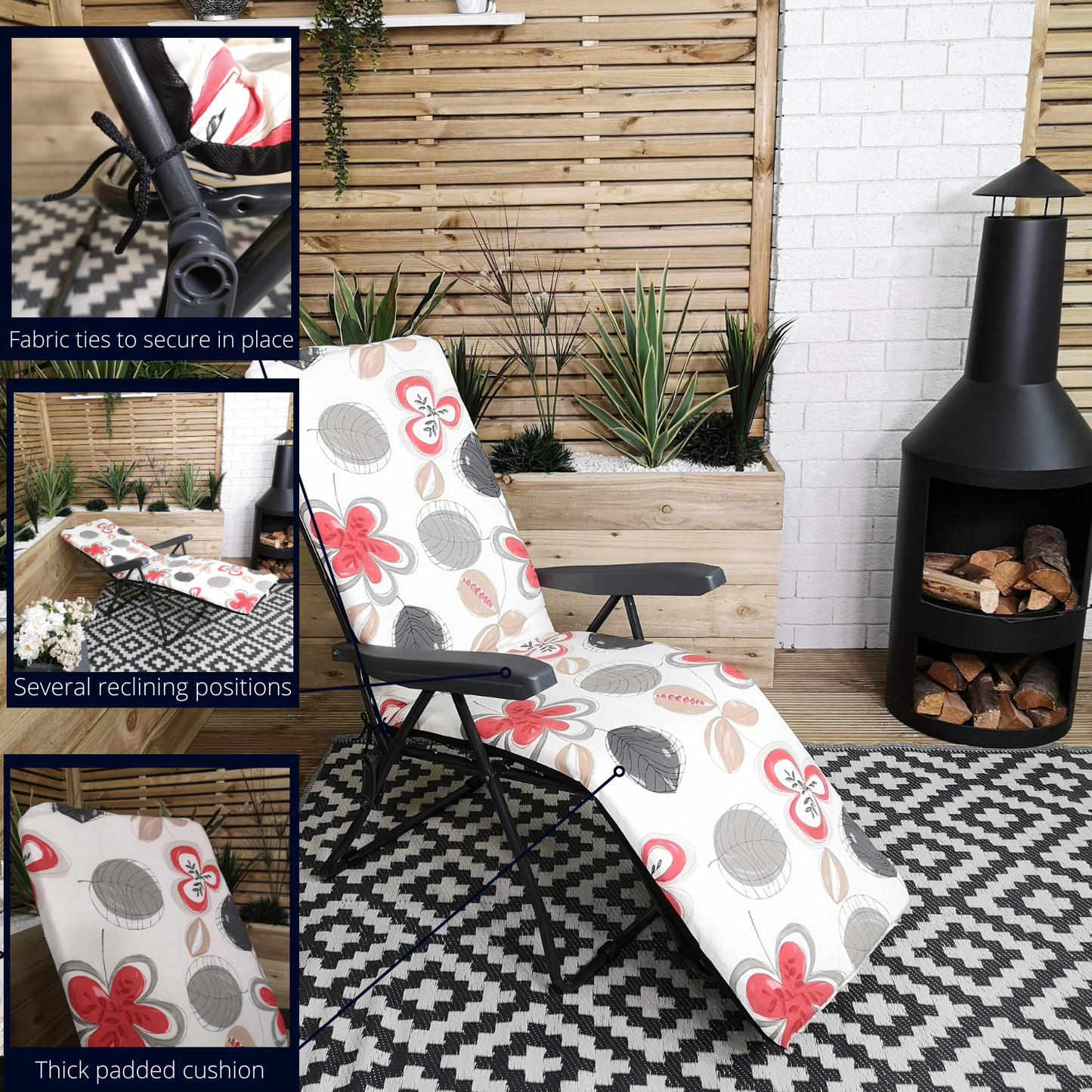 Factory Seconds: Padded Outdoor Garden Patio Recliner / Sun Lounger with Flowers