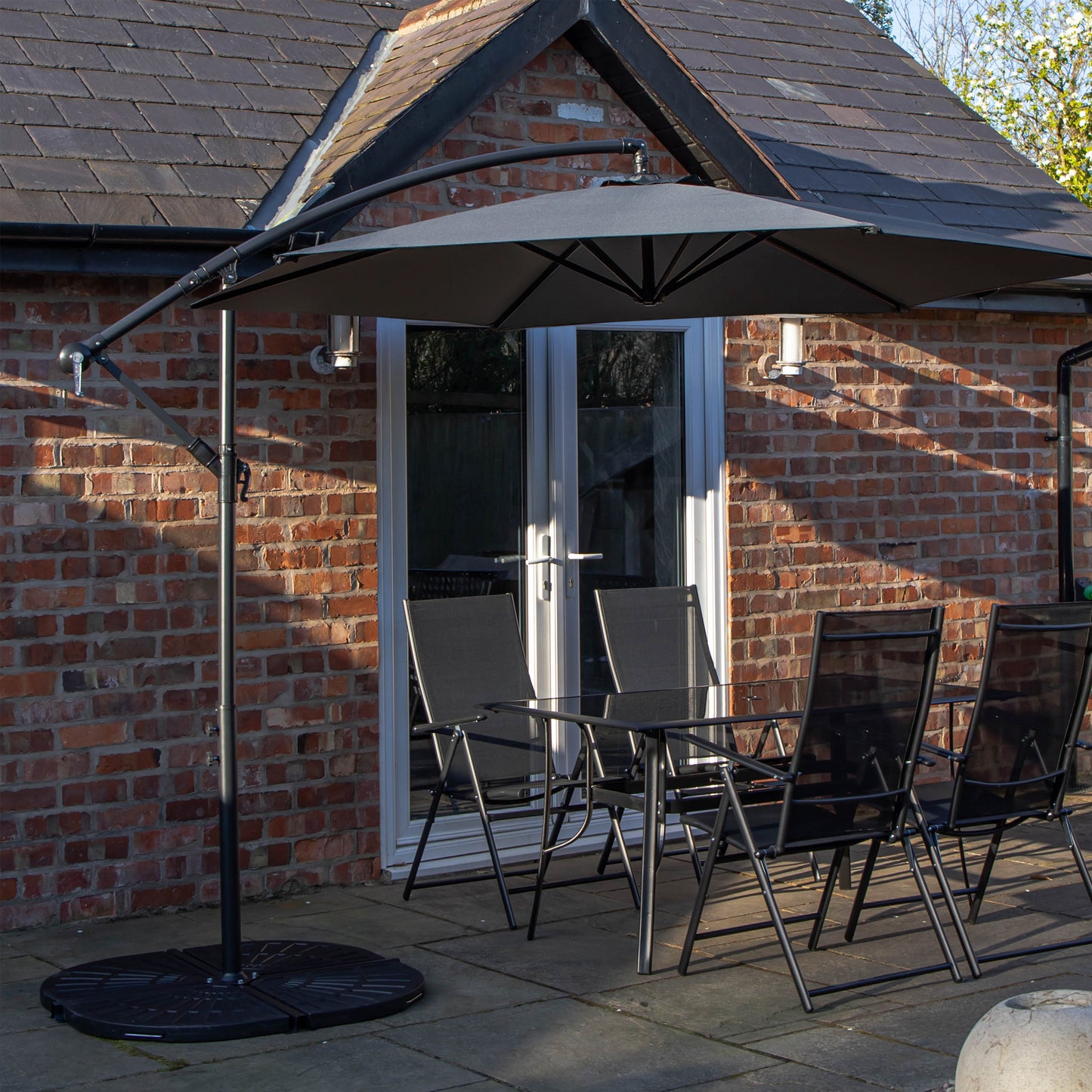 Outdoor 4 Person Rectangular Glass Top Garden Dining Table Chairs With Grey Banana Parasol and Base