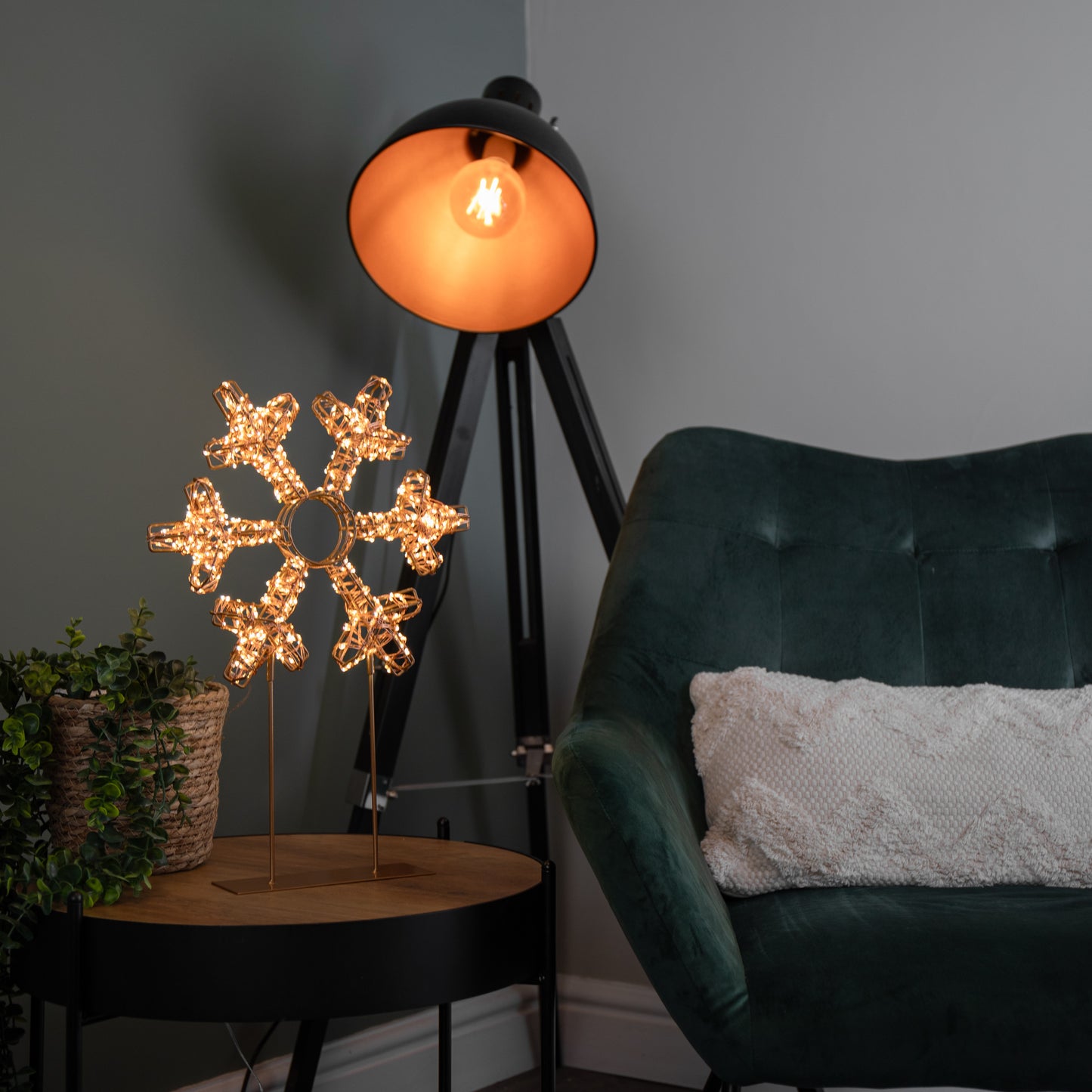 45cm Light up Rose Gold Christmas Snowflake on Metal Stand with Twinkling Warm White LEDs