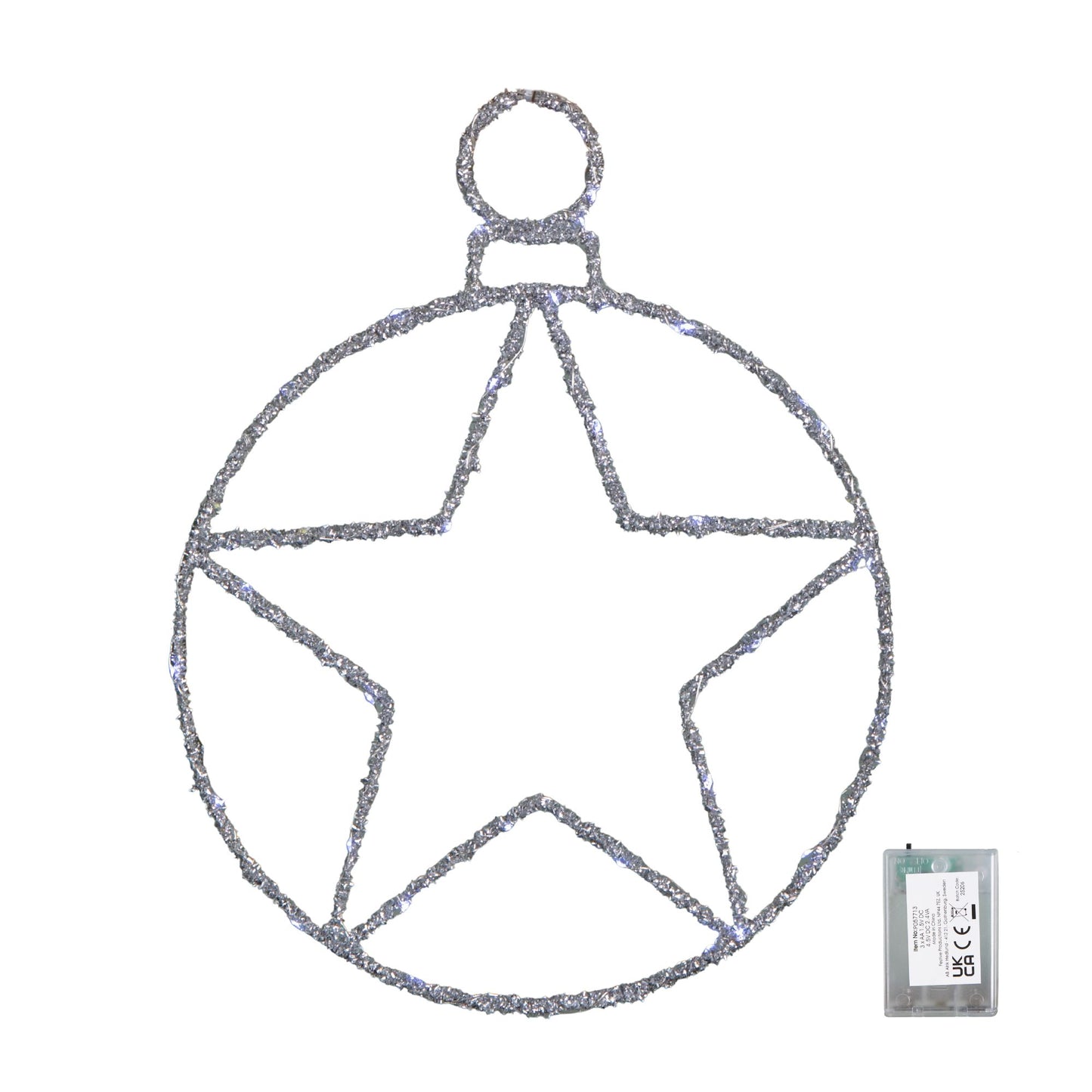 49cm Battery Powered Light up Christmas Silver Star Ball with Twinkling White LEDs
