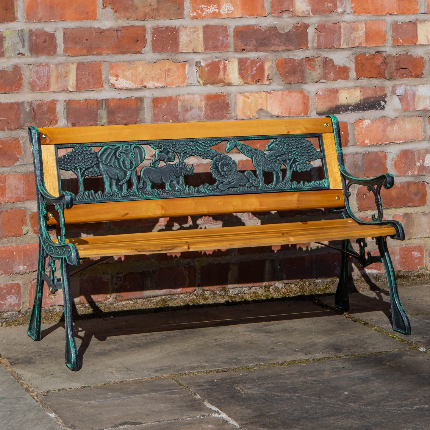 Kids 2 Seater Wooden & Cast Iron Garden Patio Childrens Bench with Animal Design