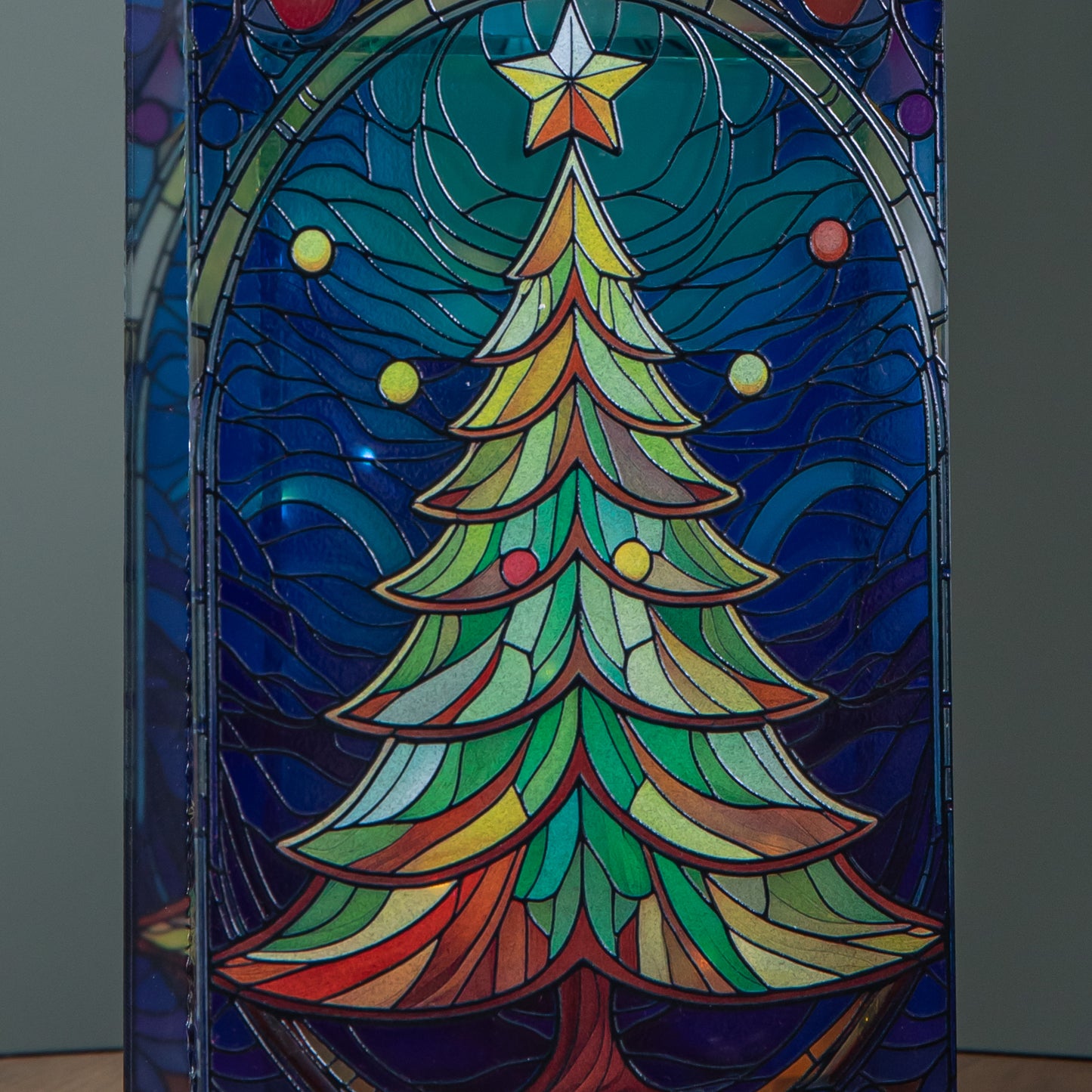 21cm Battery Operated Double Sided Stained Glass Christmas Tree Decoration with LEDs