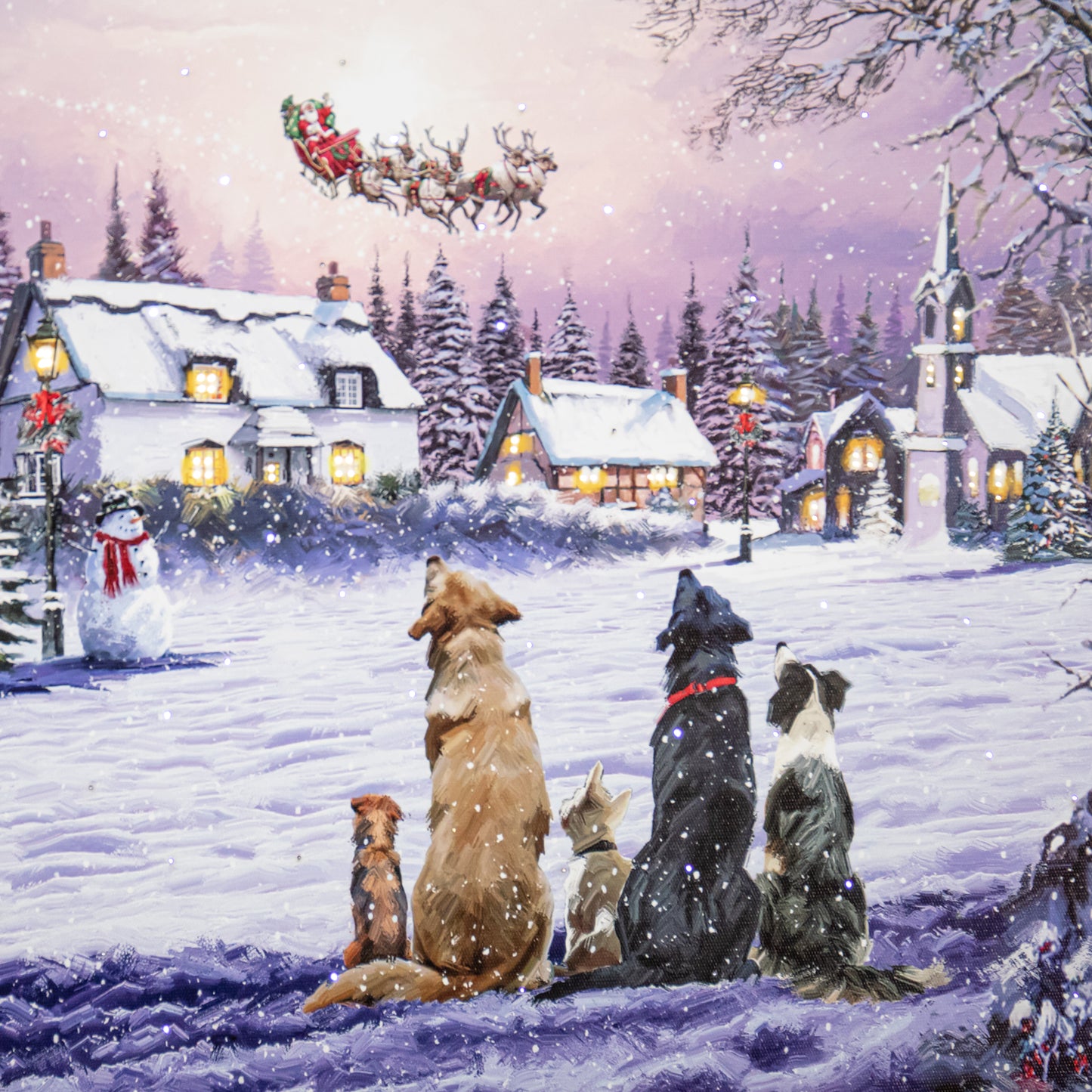 40 x 30cm Battery Operated Light up Fibre Optic Dogs Watching Santa Christmas Wall Canvas