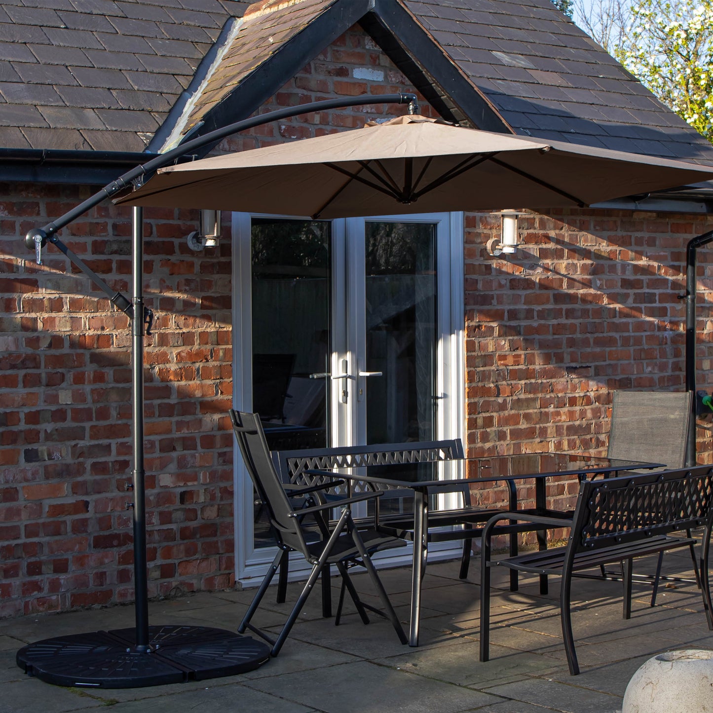 Outdoor 6 Person Rectangular Glass Top Garden Dining Table Benches & Chairs With Beige Banana Parasol and Base