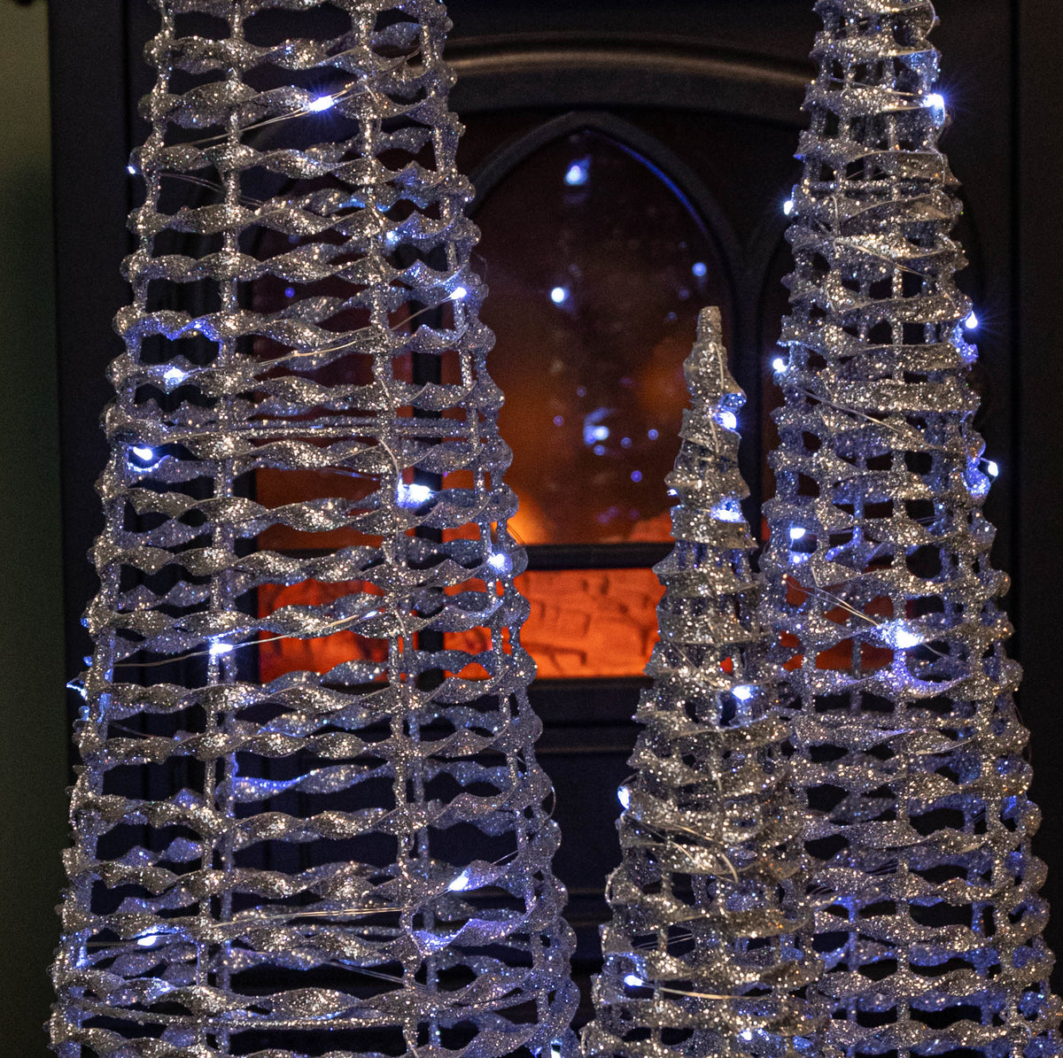Set of 3 Silver Glitter Twist Christmas Cone Trees with 90 Cool White LEDs