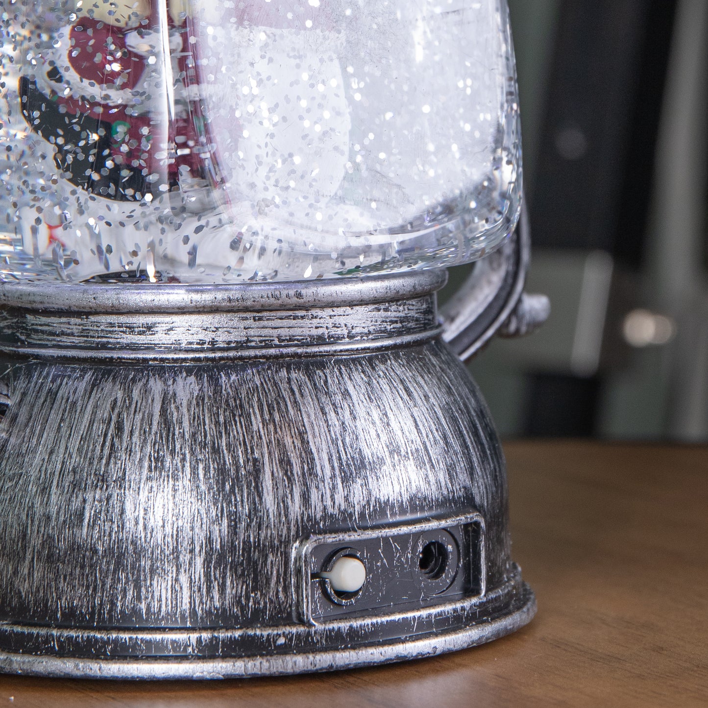 24cm Dual Powered Light up Silver Antique Lantern Christmas Water Spinner with Snowman Scene