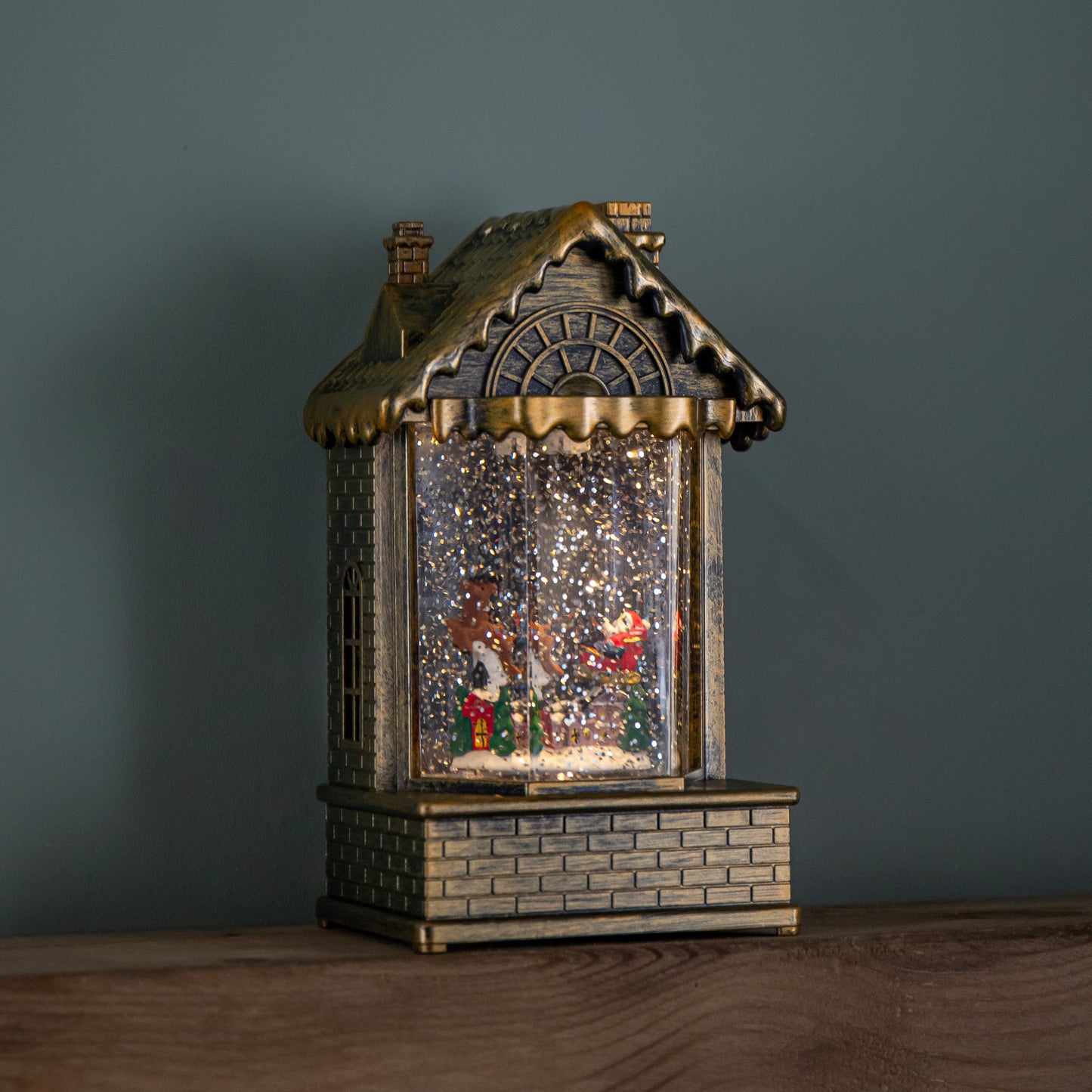 20cm Dual Powered Light up Christmas House Water Spinner with Santa in Sleigh Scene and LEDs