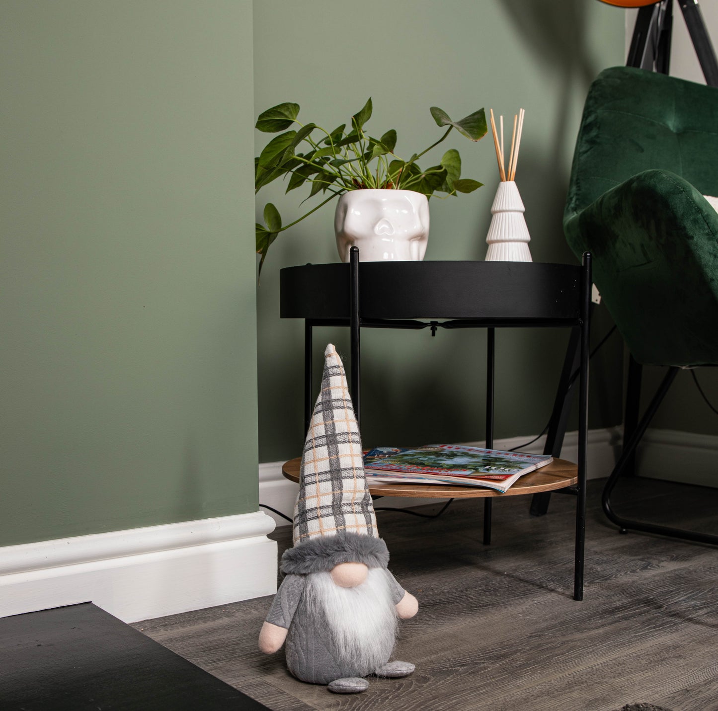 35cm Grey Standing Christmas Gonk Decoration with Tartan Hat