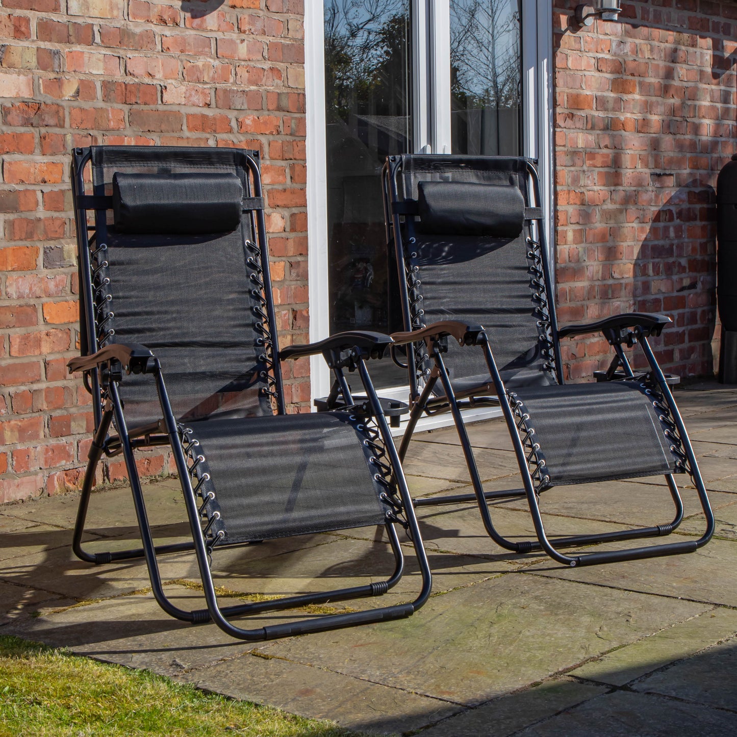 Set of 2 Multi Position Garden Gravity Relaxer Chair Sun Lounger with Sun Canopy in Black