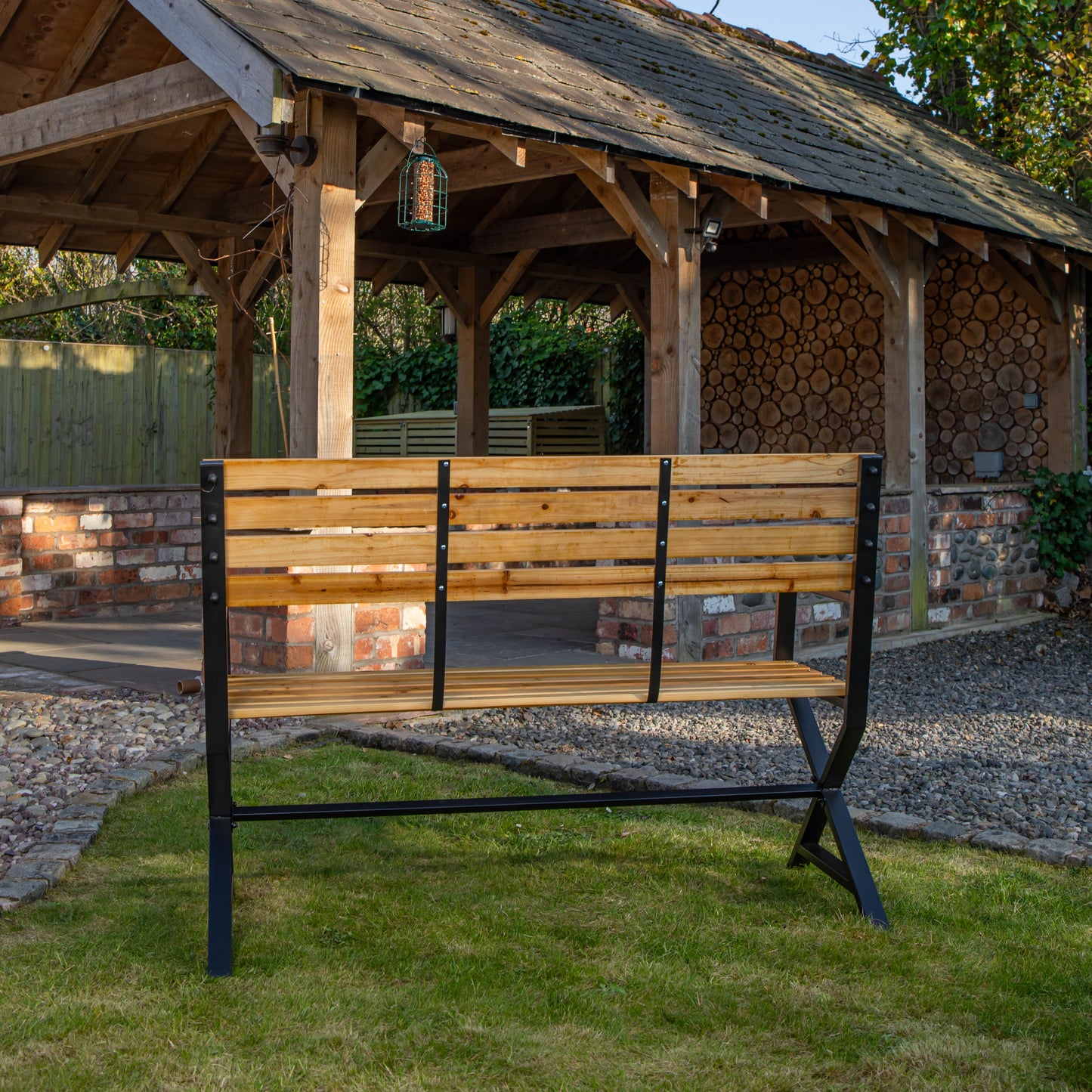 Kendal 2 Person Outdoor Modern Cross Design Metal Wooden Garden Patio Bench