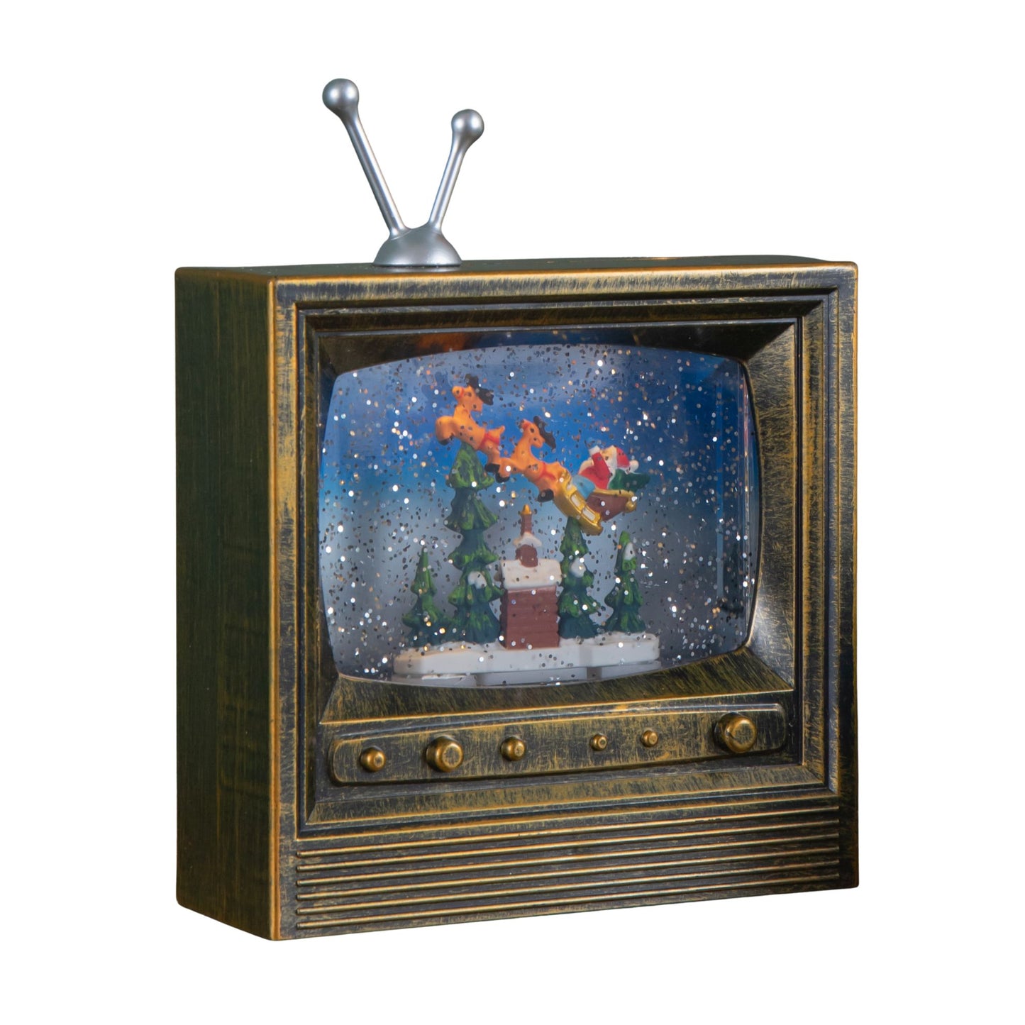 22cm Battery Operated Light up Antique Gold TV Christmas Water Spinner with Santa Scene & LEDs