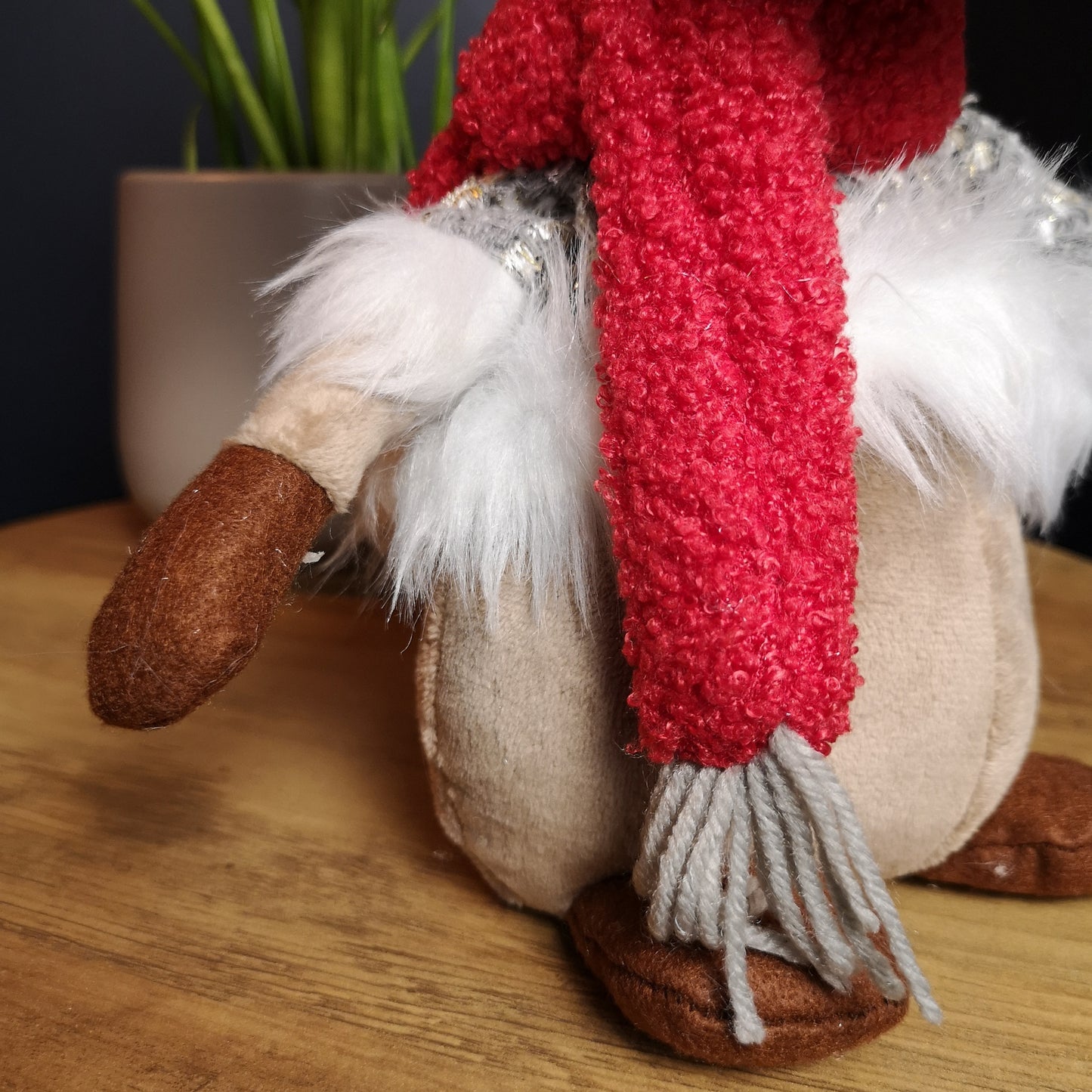 38cm Plush Reindeer Christmas Decoration with Hat and Scarf in Grey