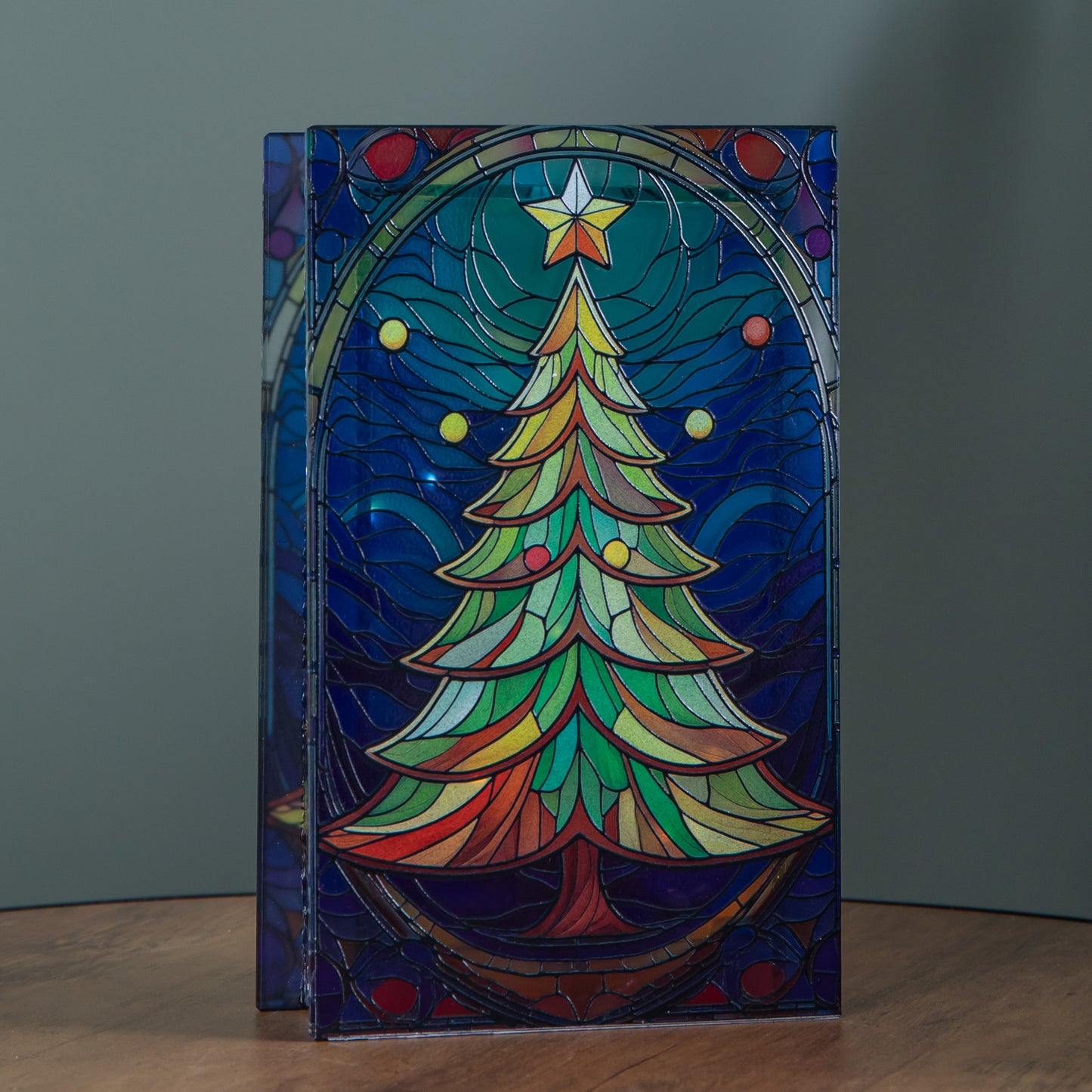 21cm Battery Operated Double Sided Stained Glass Christmas Tree Decoration with LEDs