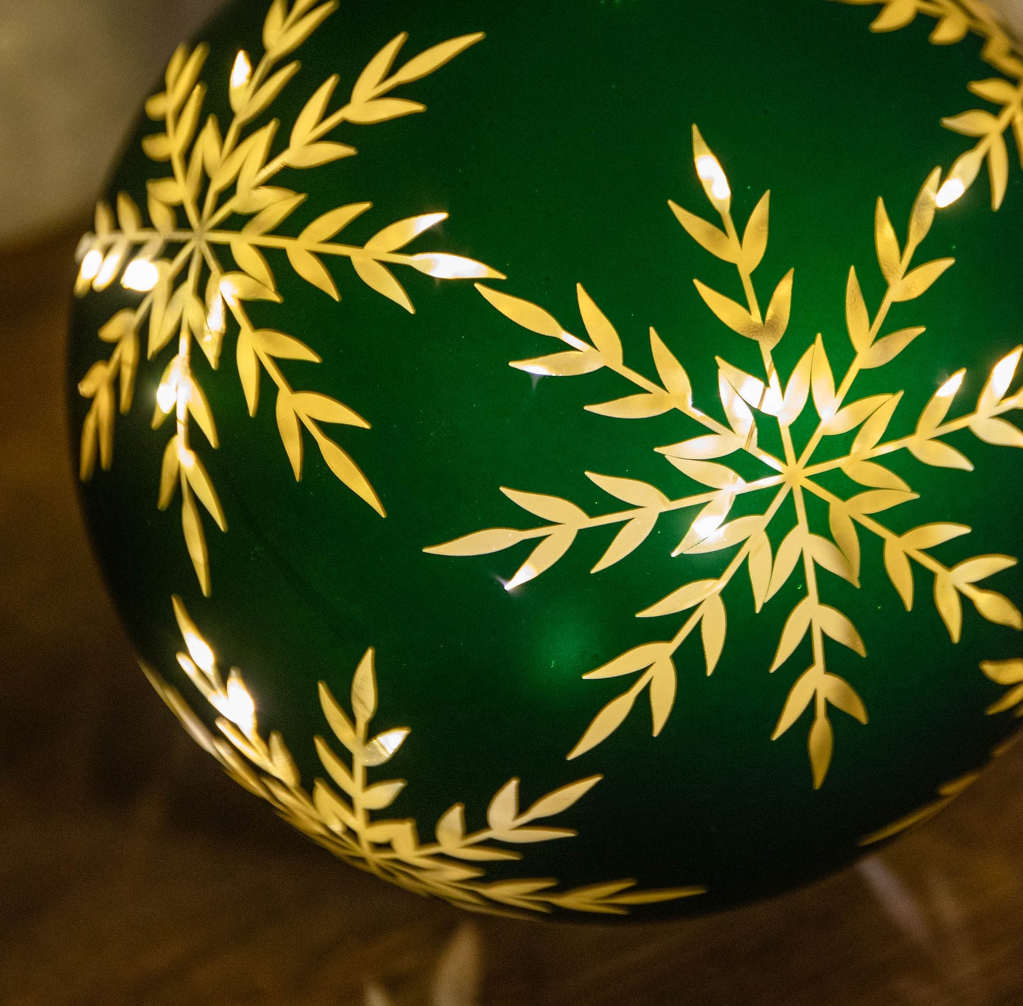 15cm Battery Operated Light up Snowflake Glass Ball in Green with Warm White LEDs