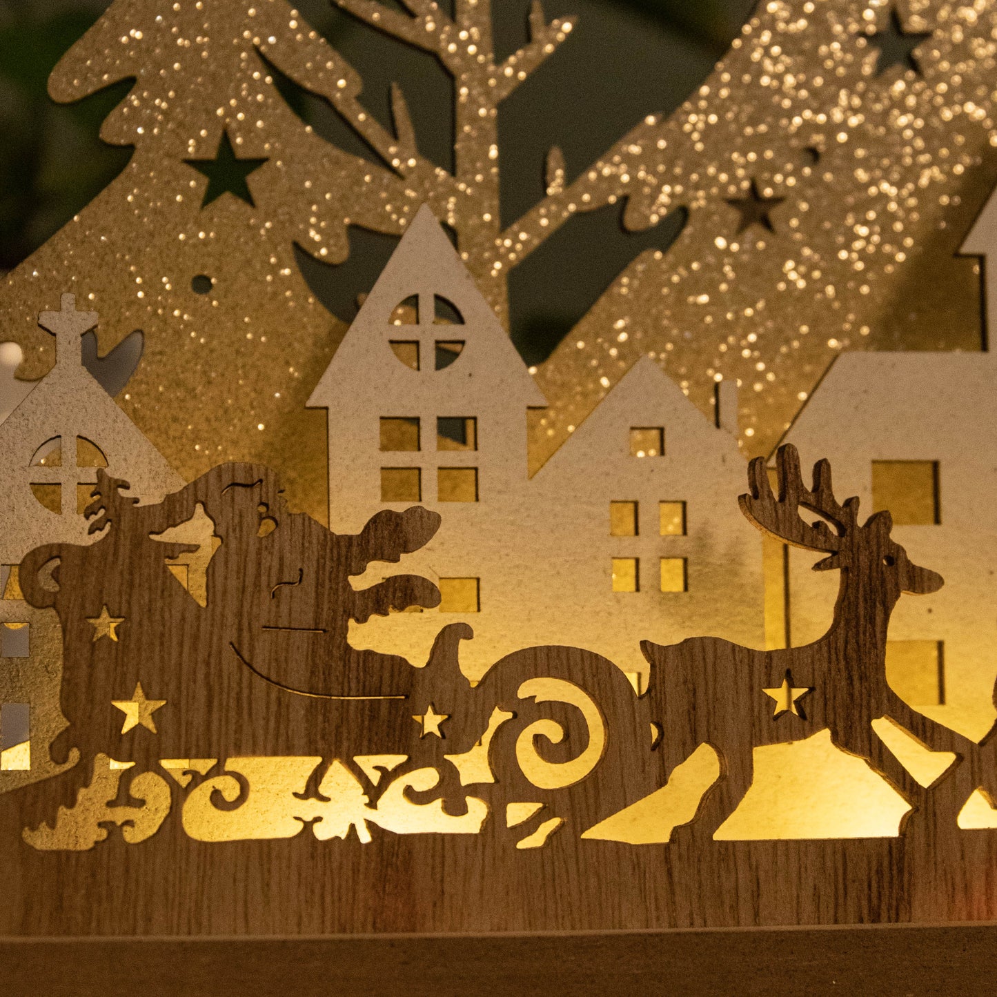 20cm Battery Operated Light up Wooden Village with Santa in Sleigh and Warm White LEDs