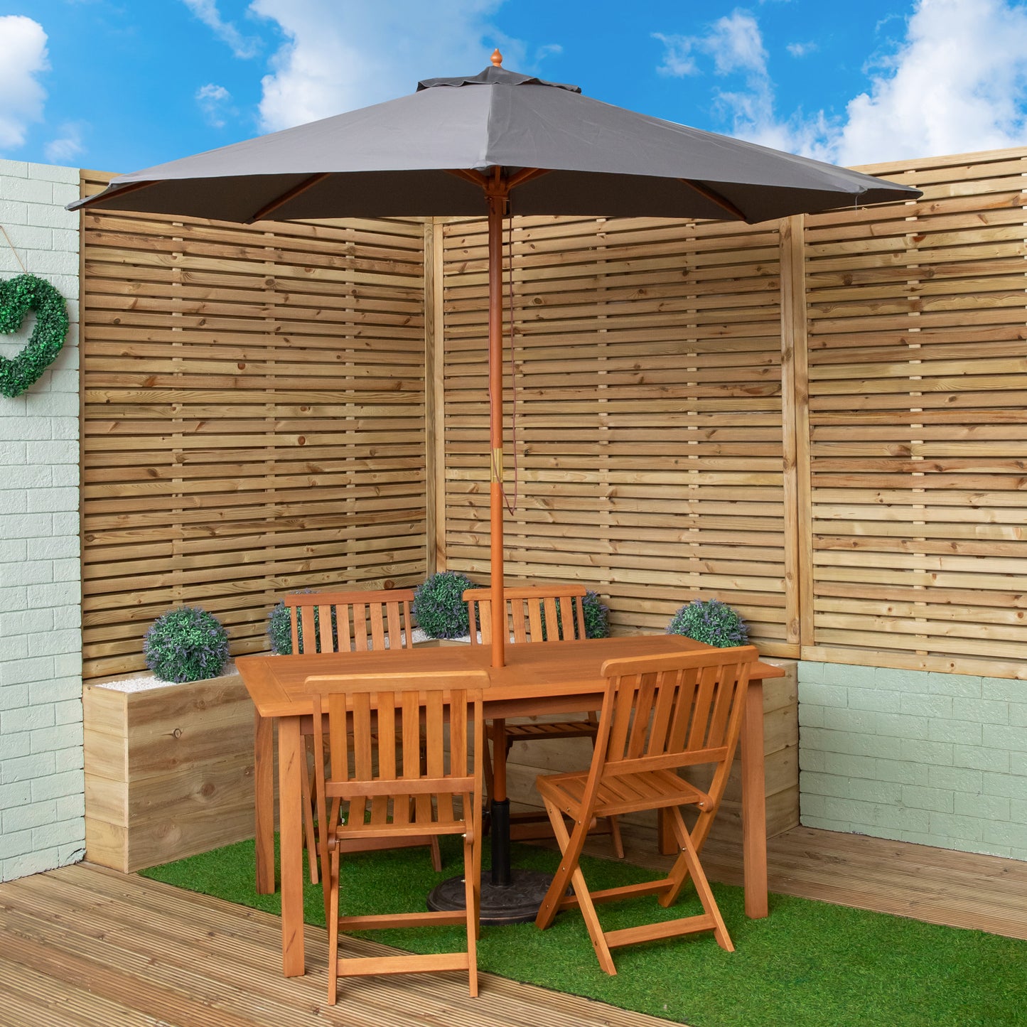 Outdoor 4 Person Rectangular Wooden Garden Dining Table Chairs with Grey Parasol and Base Set