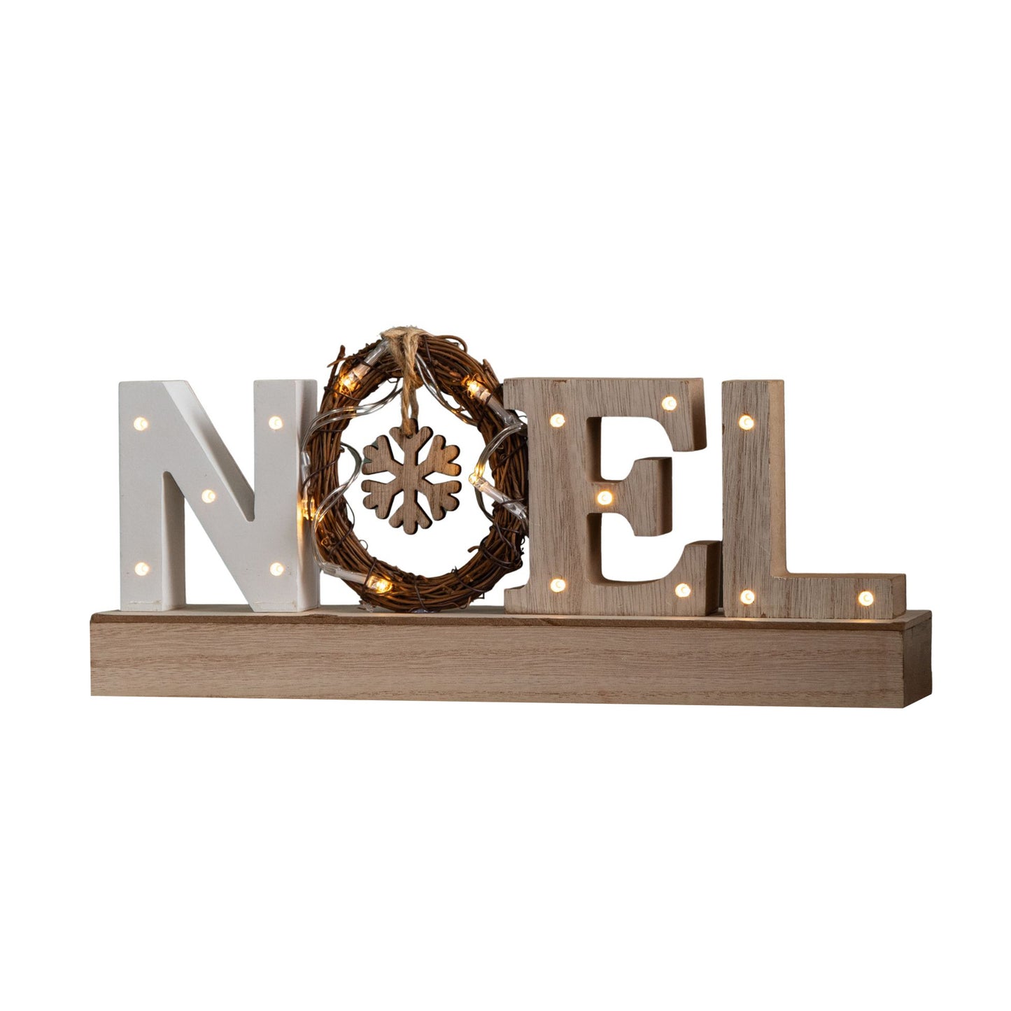 12cm Battery Operated Light up Wooden Noel Christmas Decoration with Snowflake & 18 Warm White LEDs