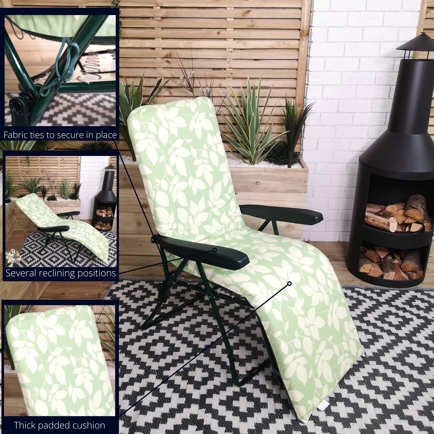 Set of 2 Padded Outdoor Garden Patio Recliner / Sun Lounger Green with Leaf Pattern