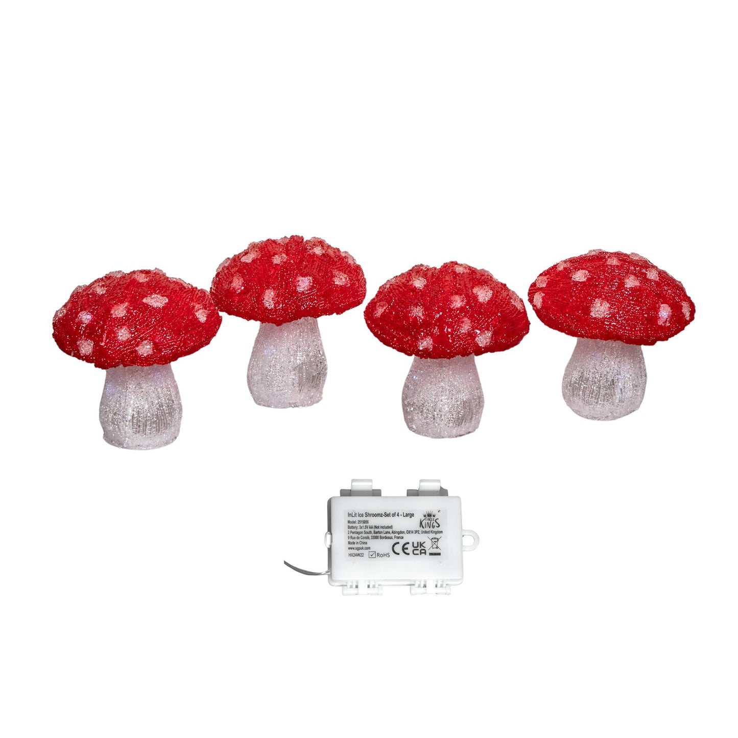 Set of 4 Battery Operated Red & White Acrylic Christmas Mushrooms with Cool White LEDs