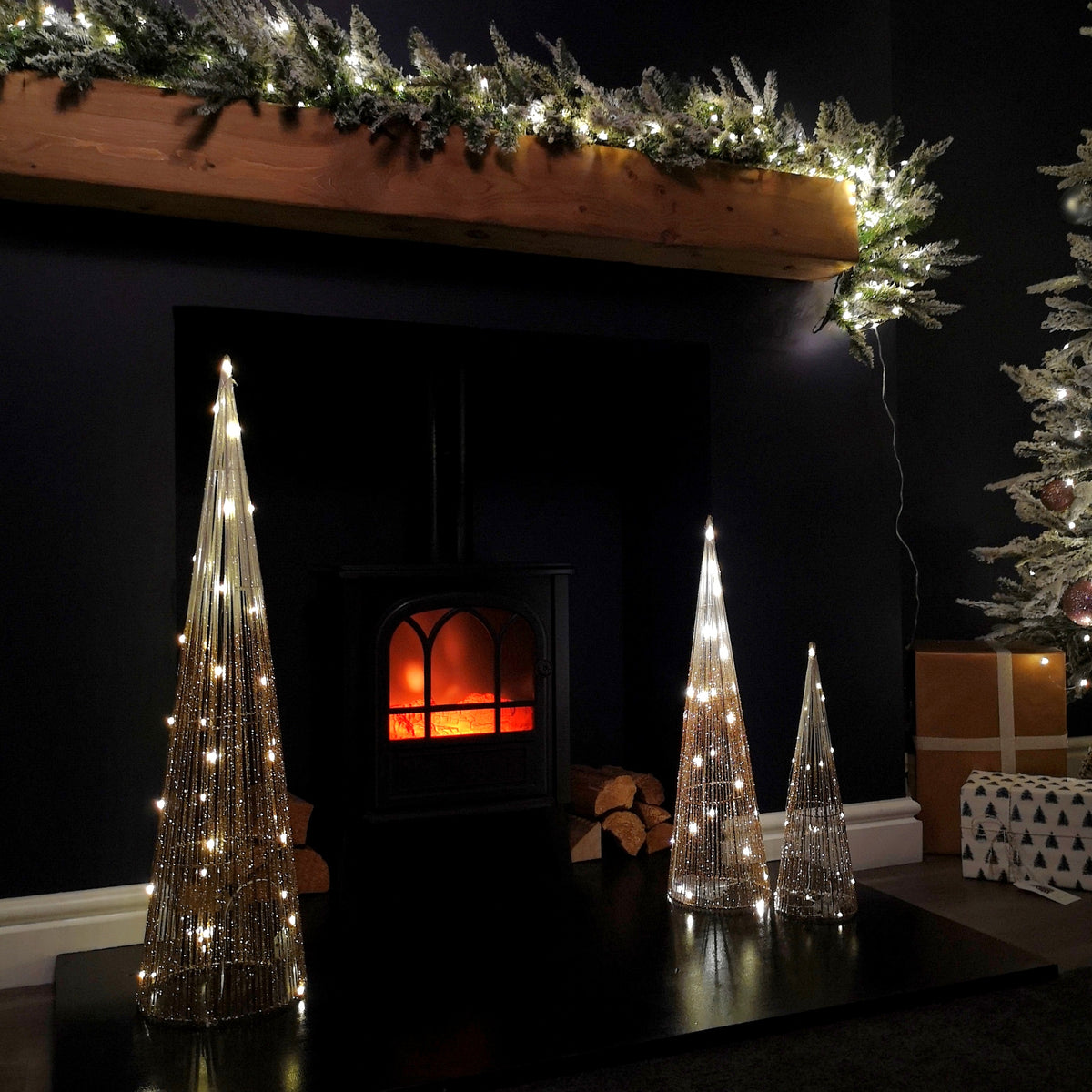 LED Tree Cone Obelisk Trio with 90 LEDs in Gold