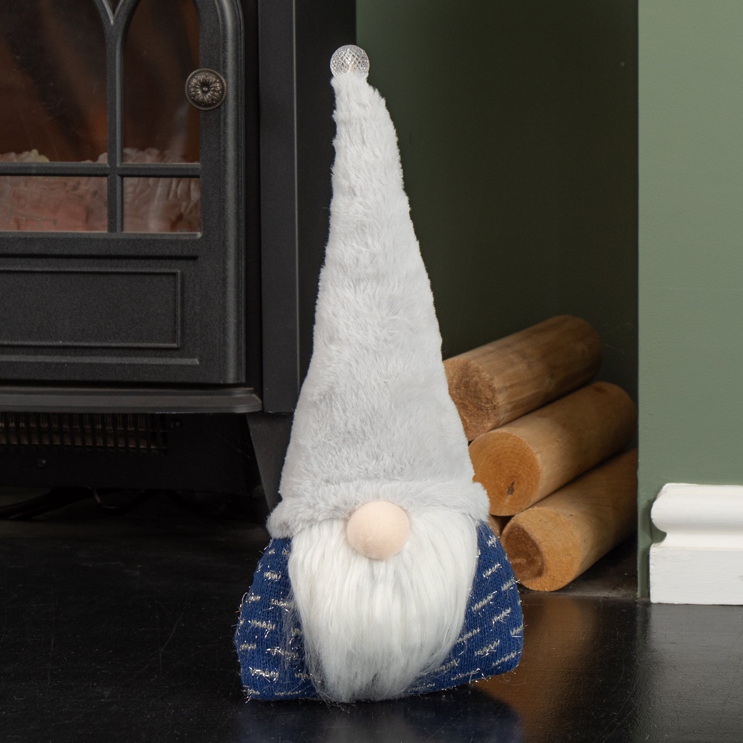 35cm Festive Christmas Sitting Light Up Lit Gonk with Grey Hat and Blue Body