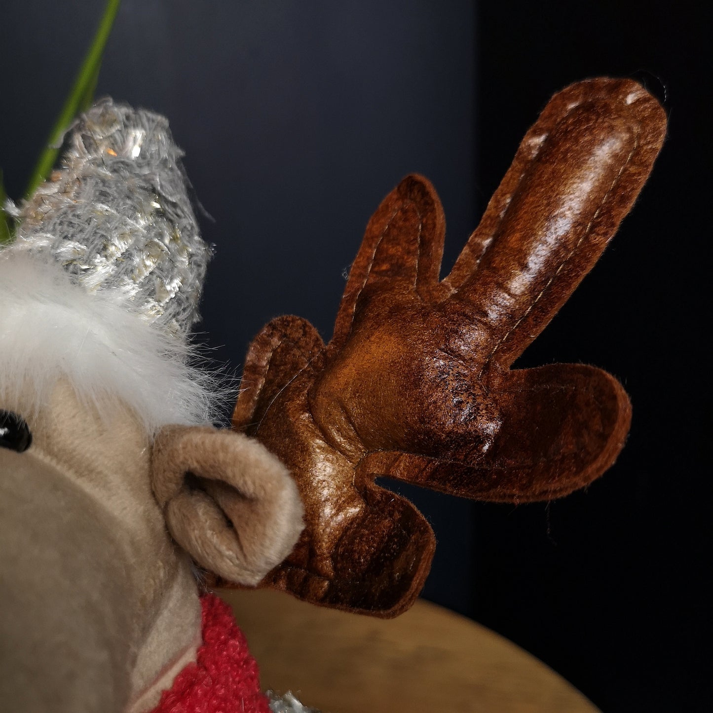 38cm Plush Reindeer Christmas Decoration with Hat and Scarf in Grey