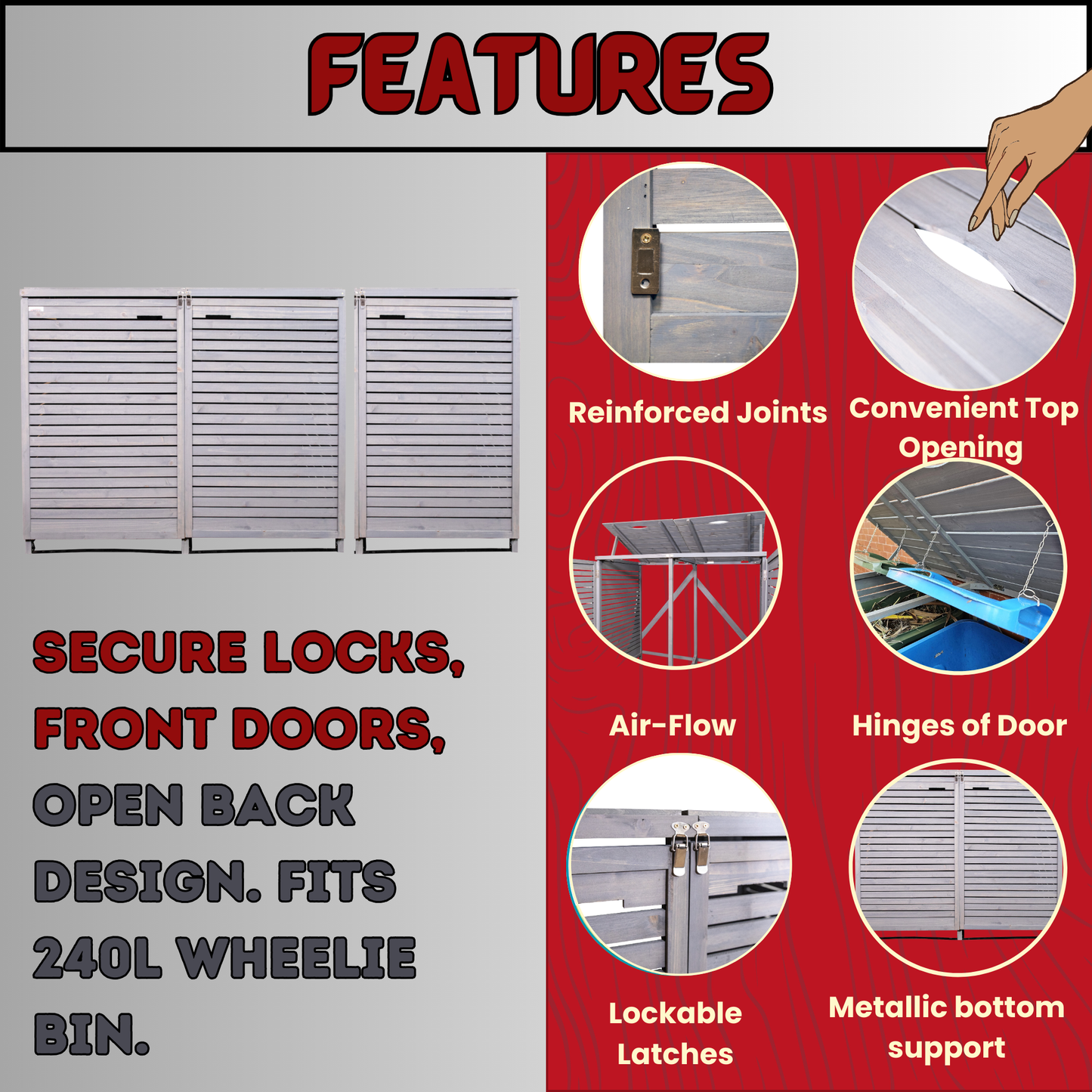 Factory Seconds 2.03m x 1.14m Large Grey Wooden Outdoor Garden Triple Wheelie Bin Store Storage for 3 Bins