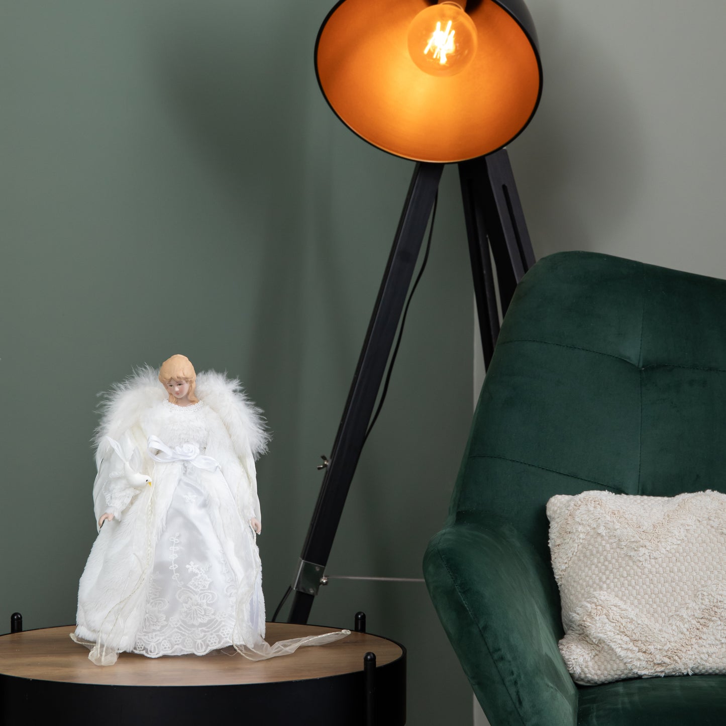 30cm Angel Holding Dove Christmas Tree Topper in White