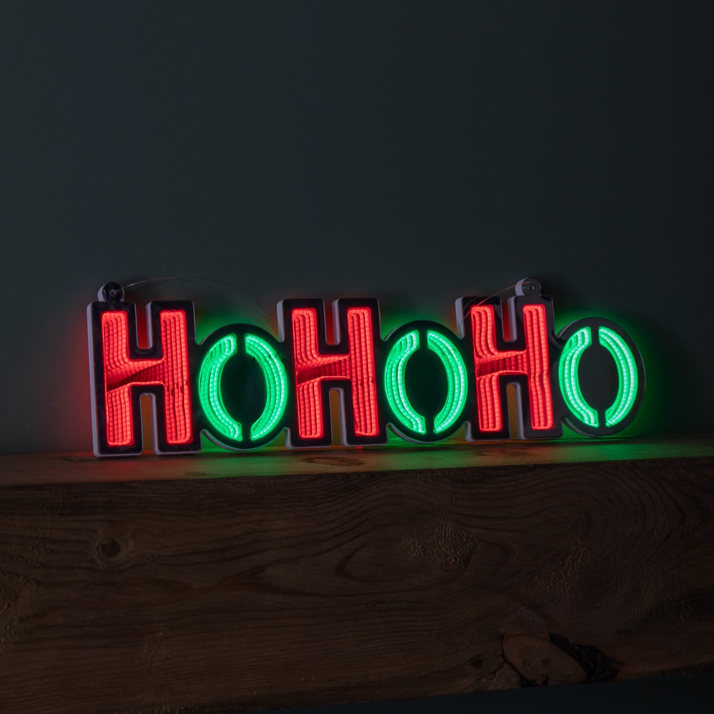 40cm Light up Hanging Ho Ho Ho Christmas Infinity Mirror Sign with Red and Green LEDs