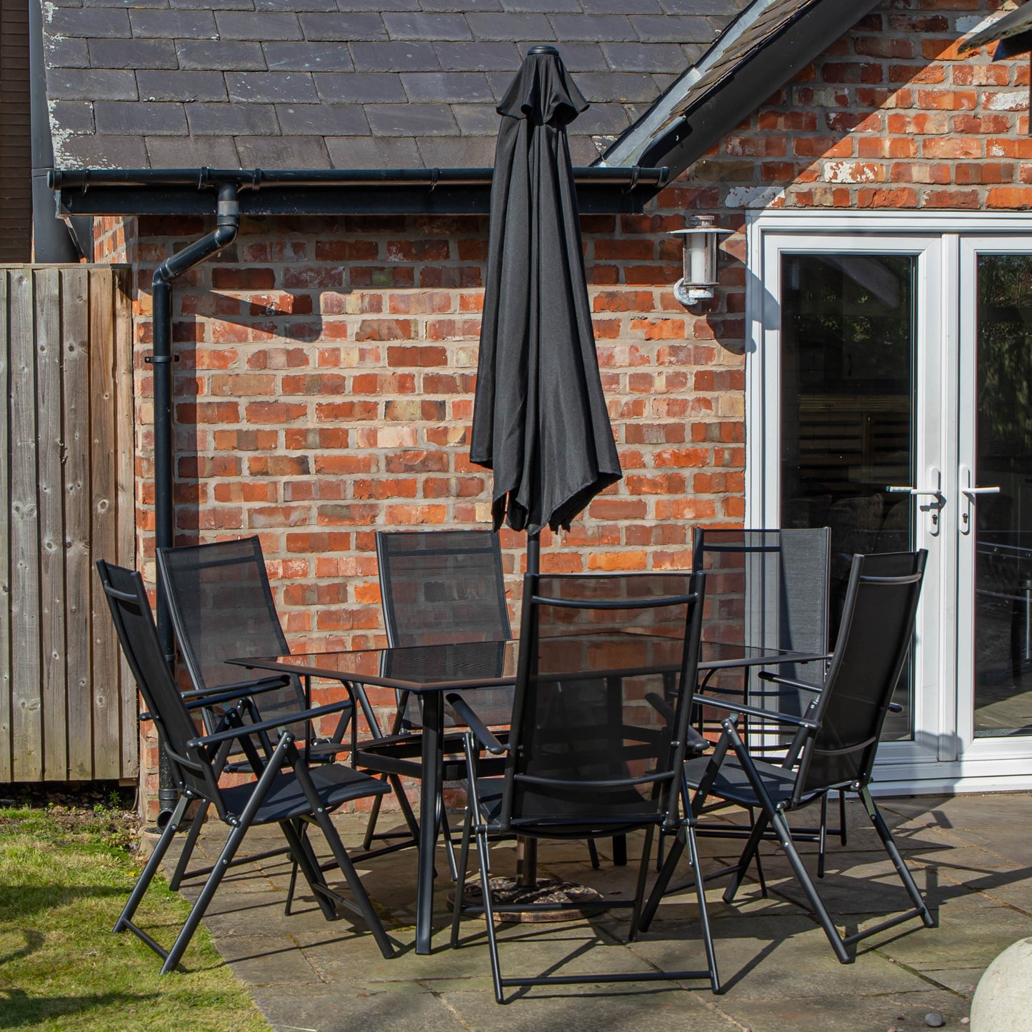 Outdoor 6 Person Rectangular Glass Top Garden Dining Table Chairs With Black Parasol and Base Set