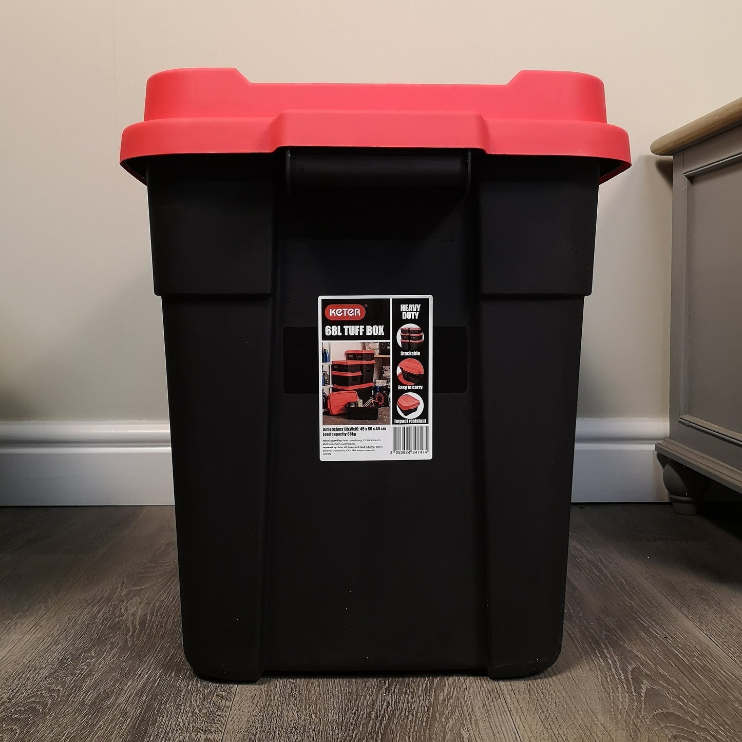 68L Black and Red Tuff Stackable Storage Box with Lid and Carry Handles
