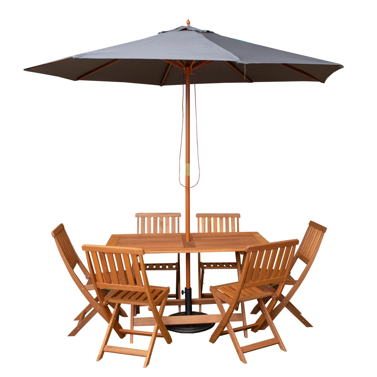 Outdoor 6 Person Folding Rectangular Wooden Garden Dining Table Chairs Grey Parasol and Base set