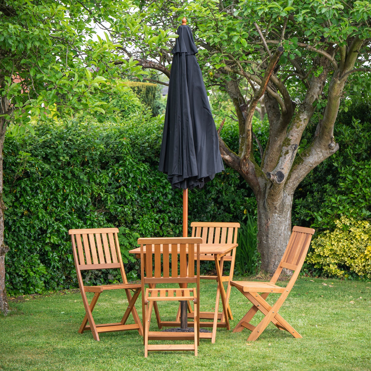 Outdoor 4 Person Folding Square Wooden Garden Dining Table Chairs Black Parasol and Base Set