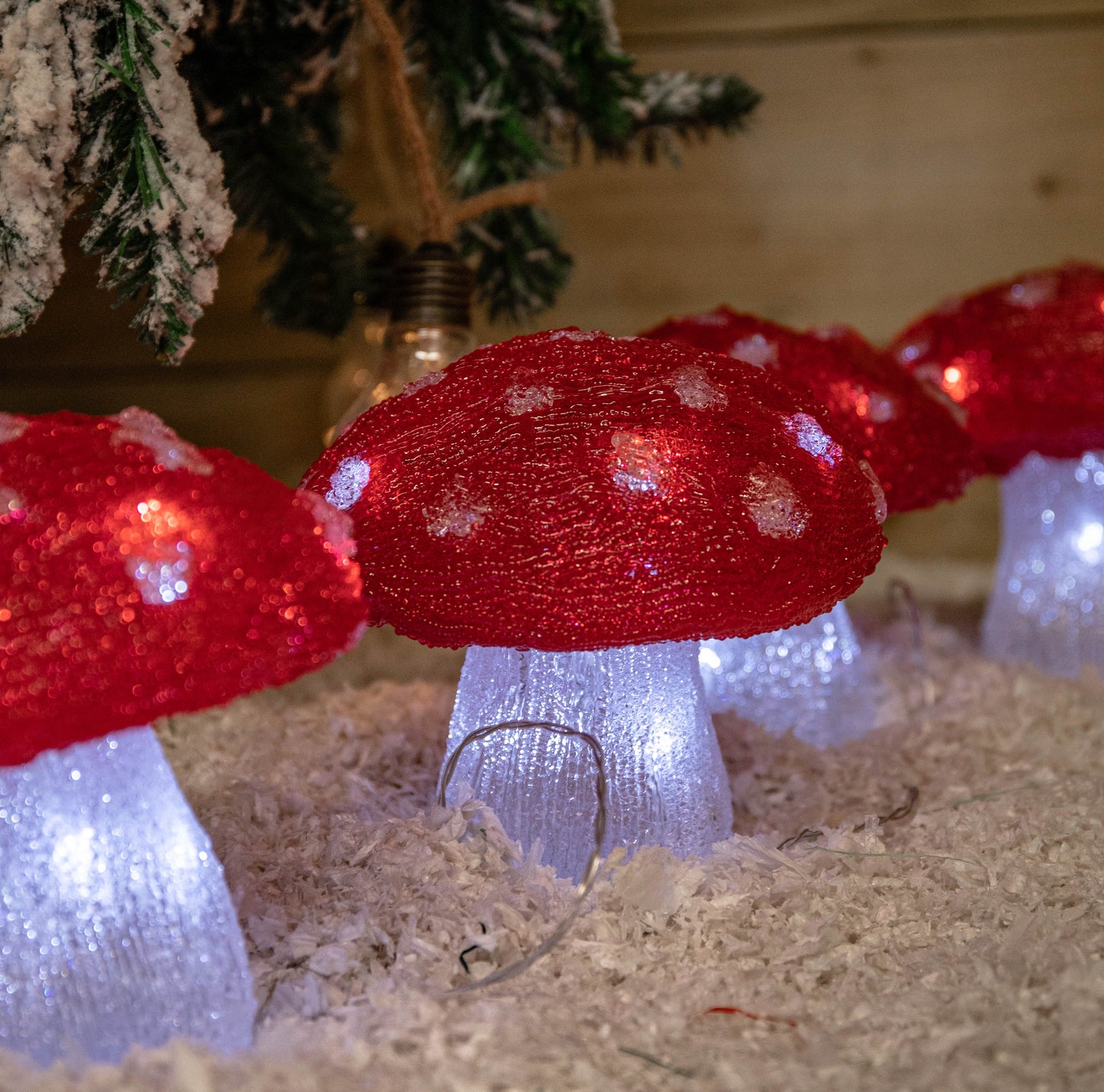 Set of 4 Battery Operated Red & White Acrylic Christmas Mushrooms with Cool White LEDs