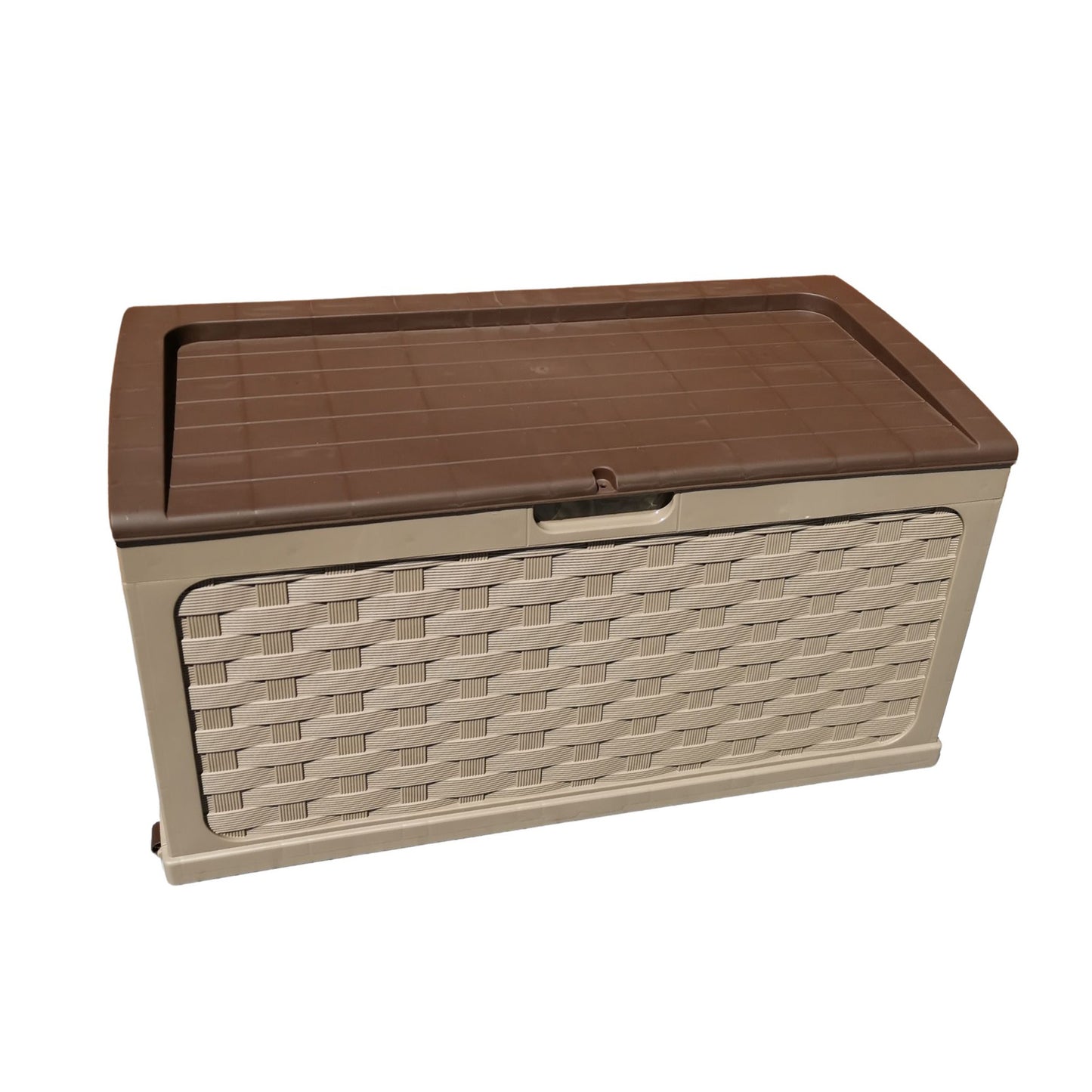 Factory Seconds: 335 Litre Rattan Style Garden Cushion Storage Box with Sit on Lid – Dark Brown